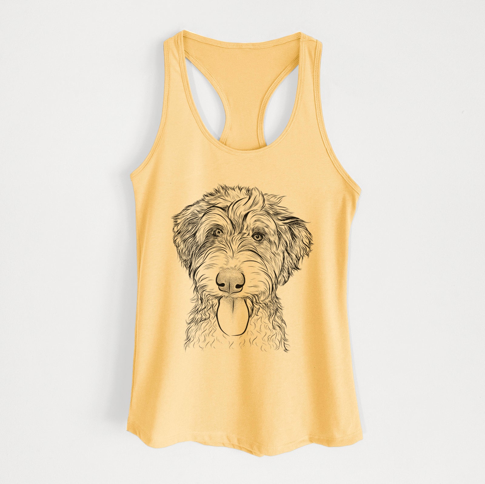 Hand-drawn sketch of Myrtle Mae the Aussiedoodle on a Banana Cream Women's racerback tanktop