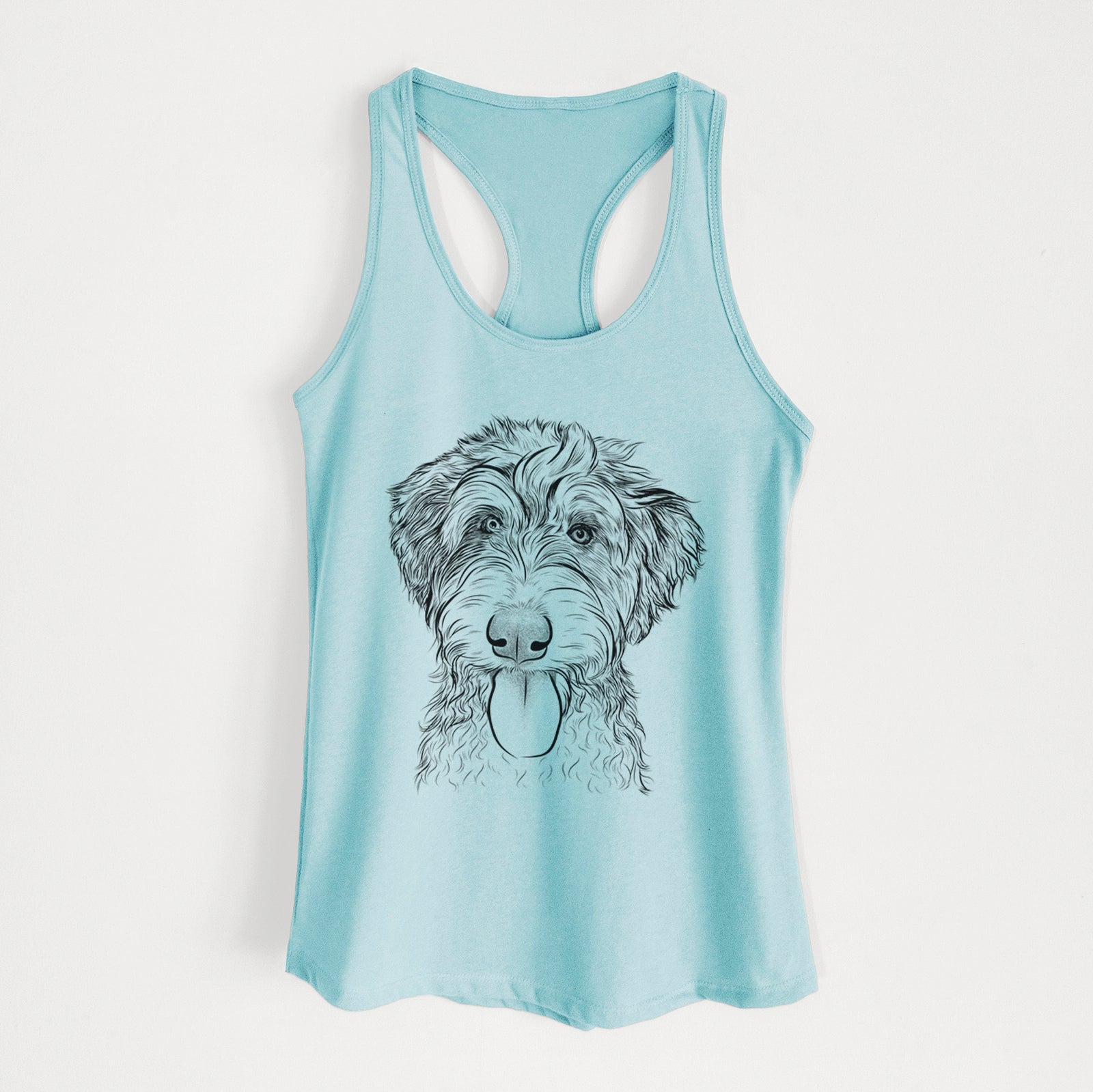 Hand-drawn sketch of Myrtle Mae the Aussiedoodle on a Cancun Blue Women's racerback tanktop
