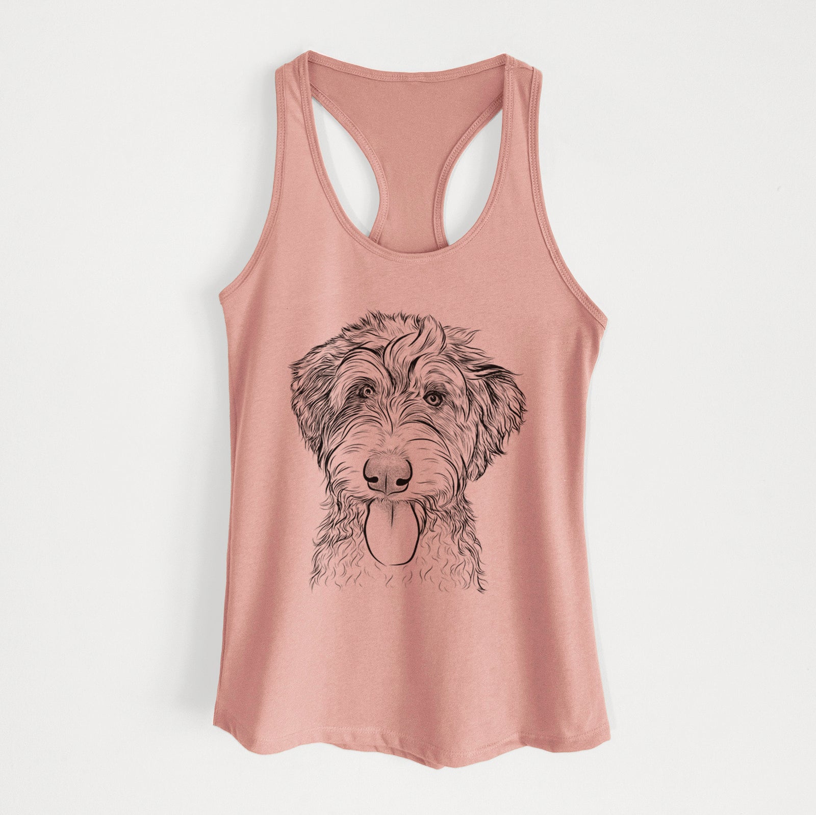 Hand-drawn sketch of Myrtle Mae the Aussiedoodle on a Desert Pink Women's racerback tanktop