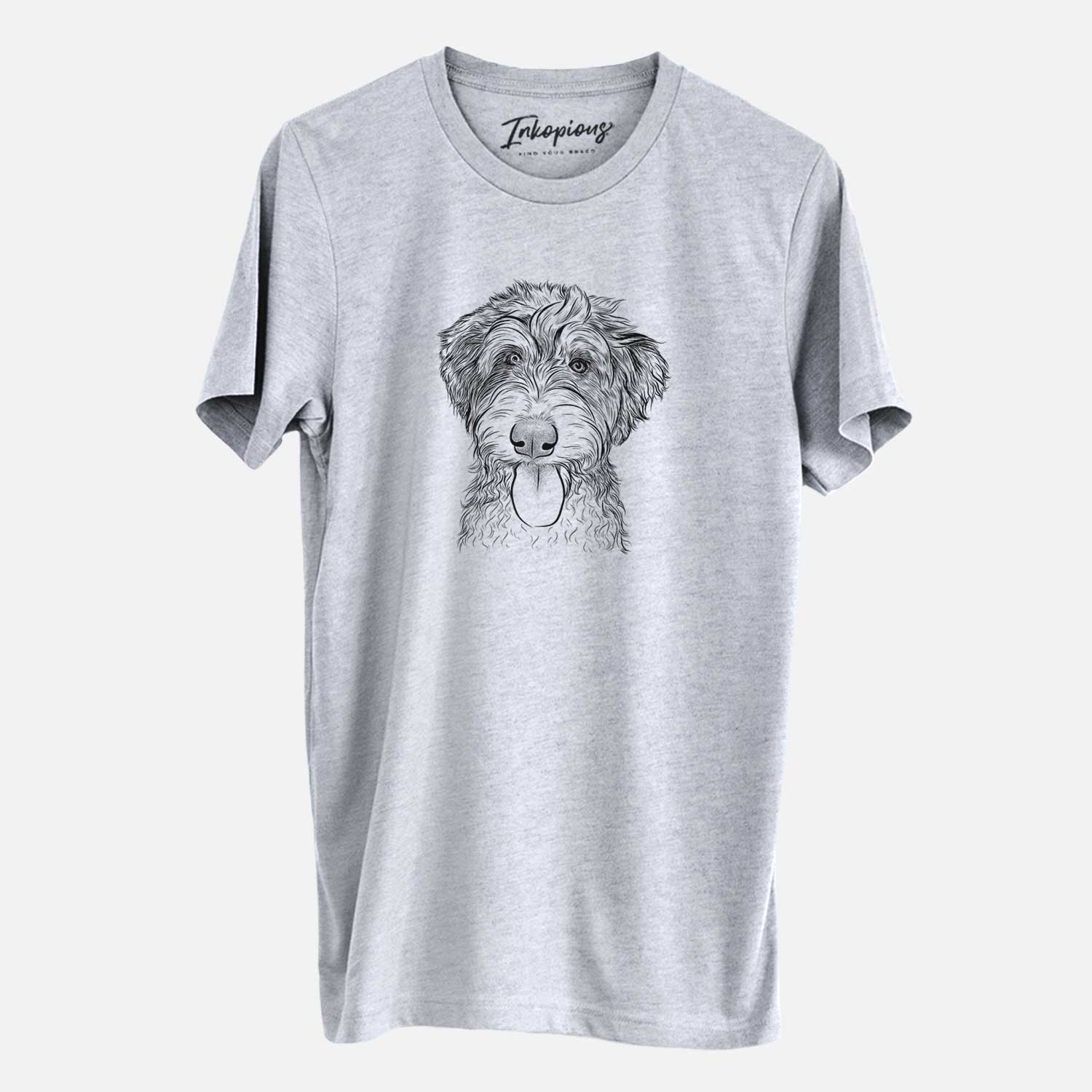 Hand-drawn sketch of Myrtle Mae the Aussiedoodle on a Grey Unisex crewneck
