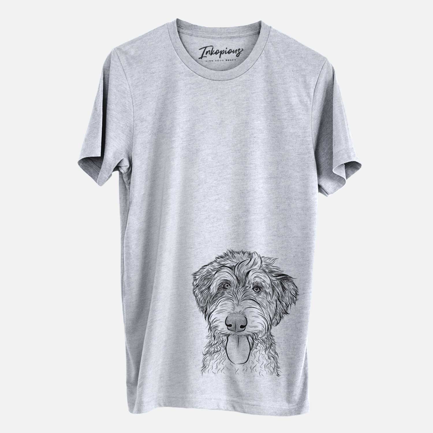 Hand-drawn sketch of Myrtle Mae the Aussiedoodle on a Grey Unisex crewneck