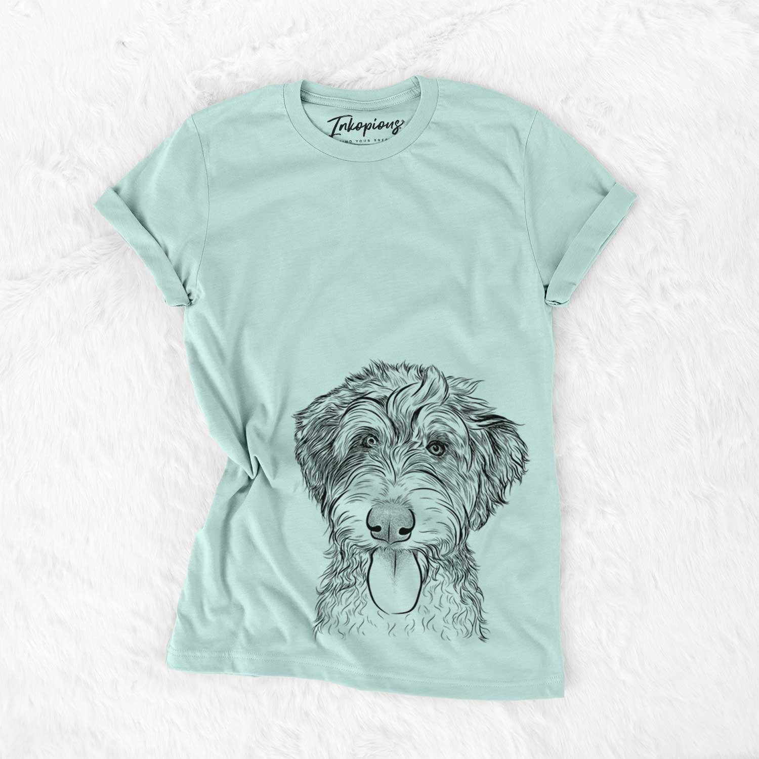 Hand-drawn sketch of Myrtle Mae the Aussiedoodle on a Heather Sage Bella Canvas Unisex Crewneck