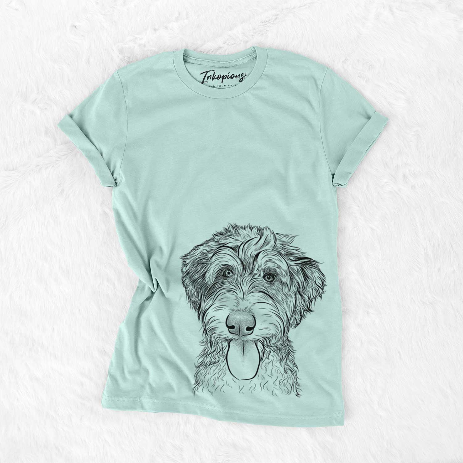 Hand-drawn sketch of Myrtle Mae the Aussiedoodle on a Heather Sage Unisex crewneck