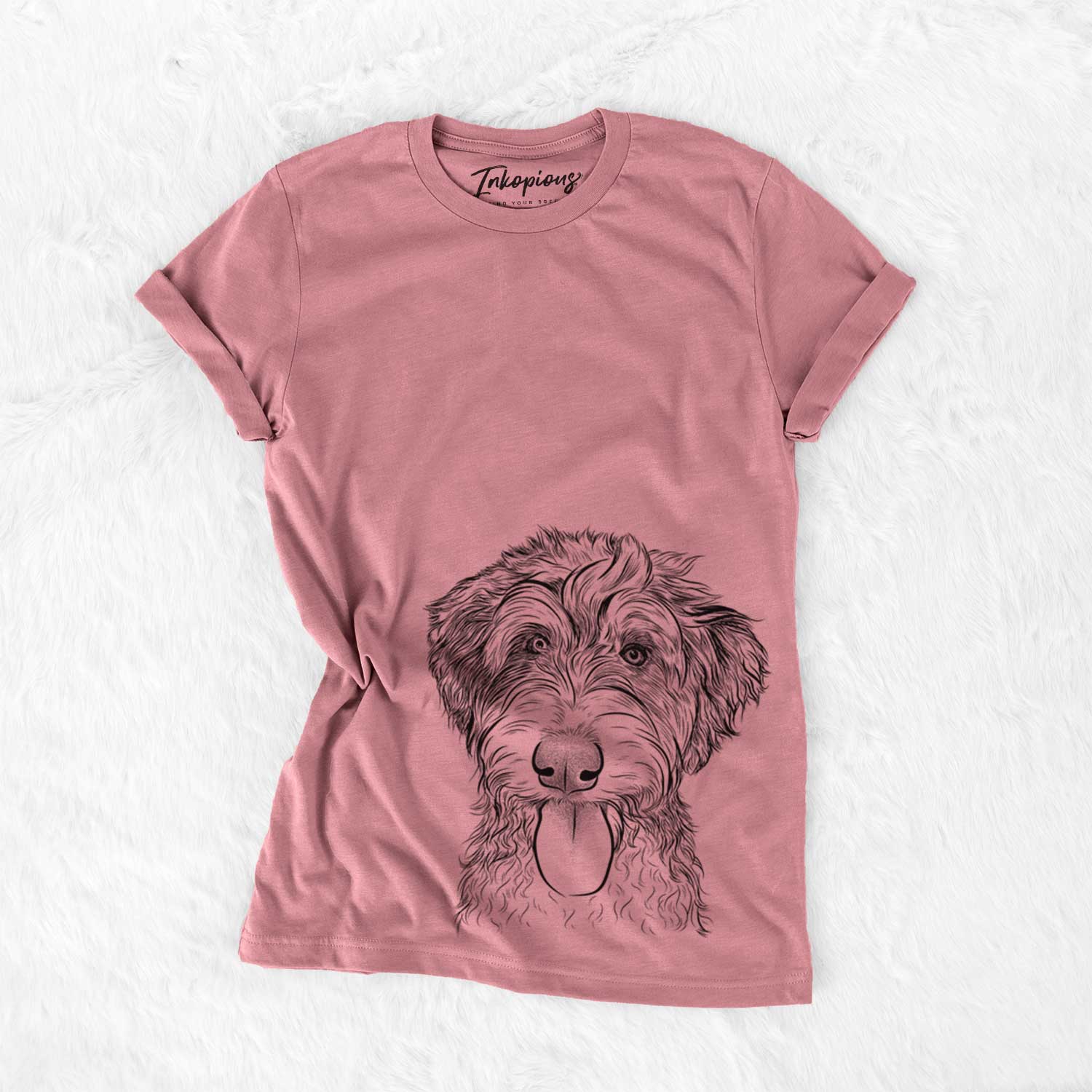 Hand-drawn sketch of Myrtle Mae the Aussiedoodle on a Mauve Unisex crewneck