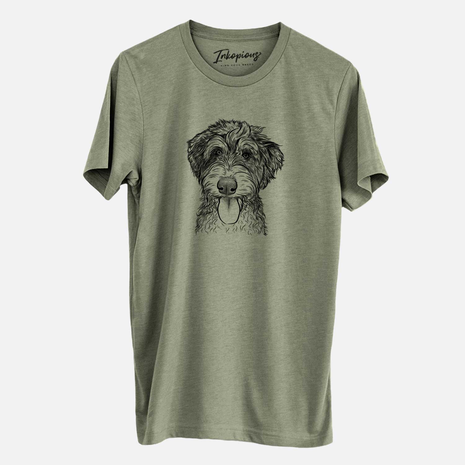 Hand-drawn sketch of Myrtle Mae the Aussiedoodle on an Olive Unisex crewneck