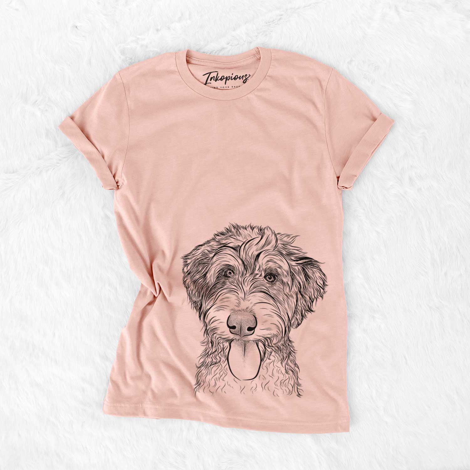 Hand-drawn sketch of Myrtle Mae the Aussiedoodle on a Peach Bella Canvas Unisex Crewneck
