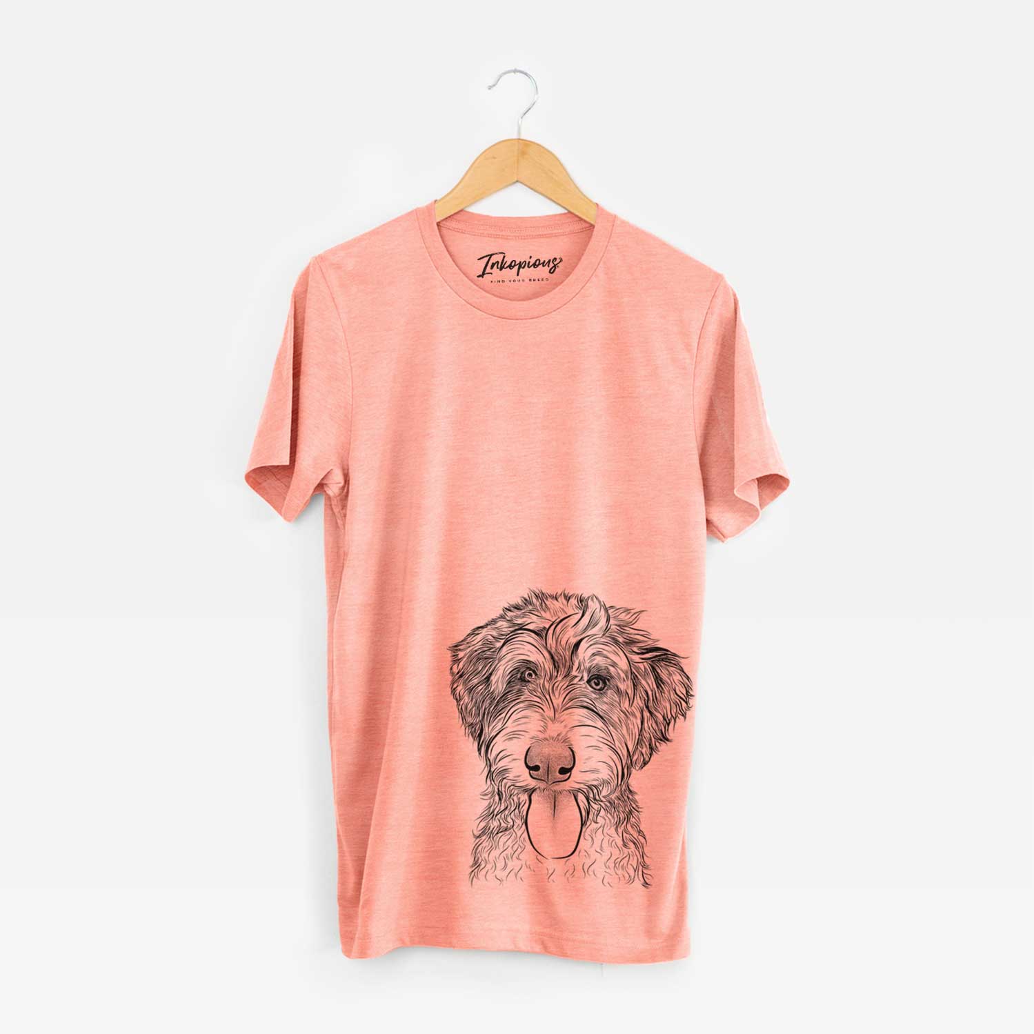 Hand-drawn sketch of Myrtle Mae the Aussiedoodle on a Sunset Unisex crewneck
