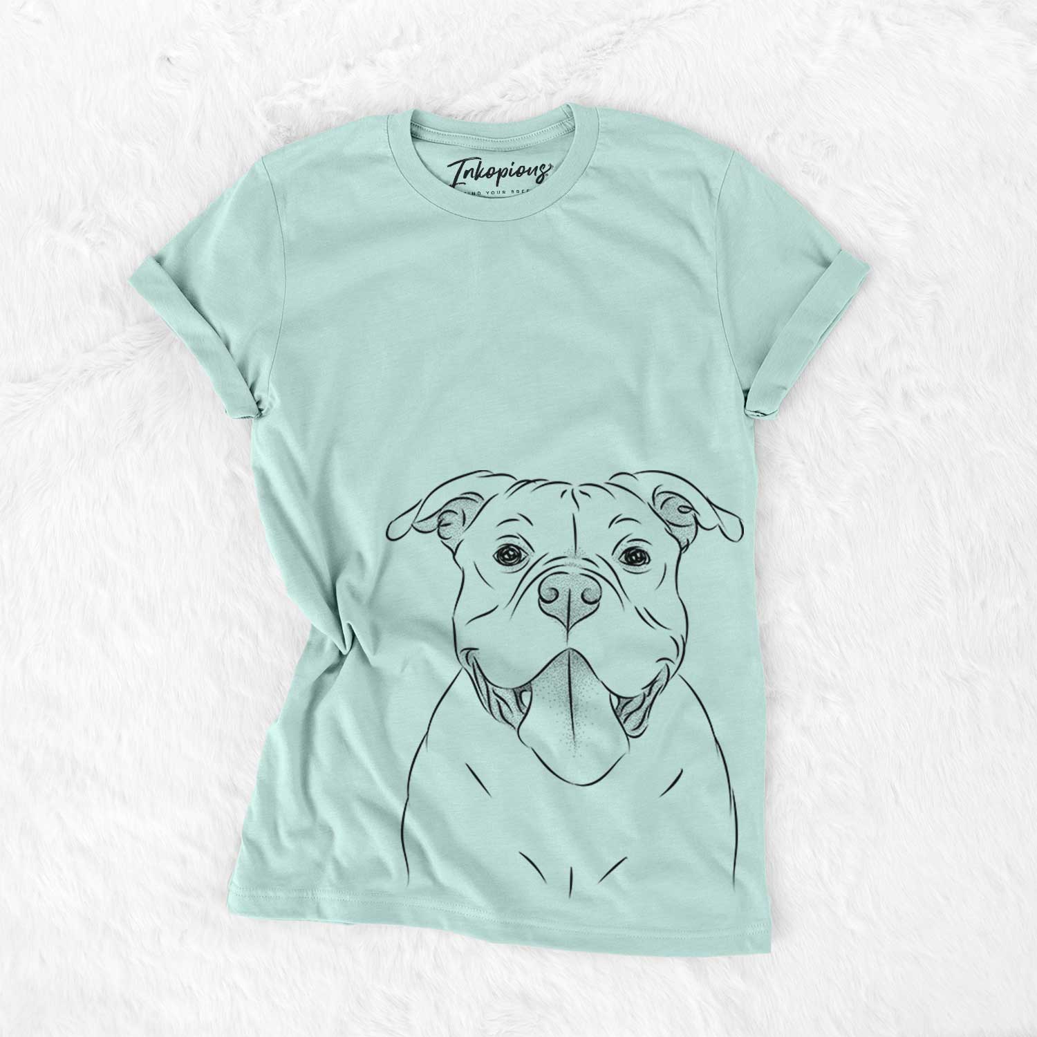 Hand-drawn sketch of Nacho the American Bully on a Heather Sage Bella Canvas Unisex Crewneck