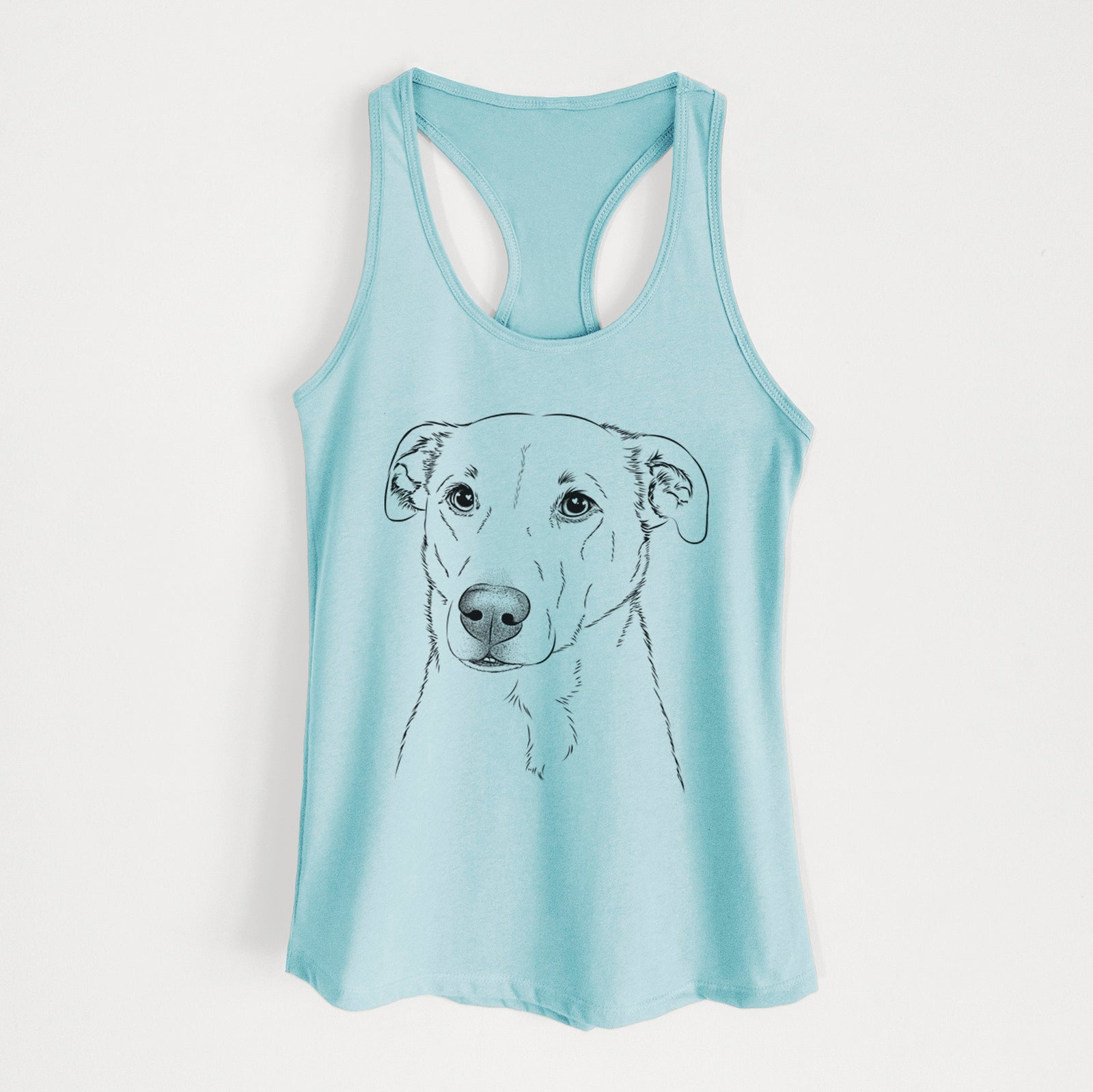 Hand-drawn sketch of Nala the American Staffordshire Terrier on a Cancun Blue Women's racerback tanktop
