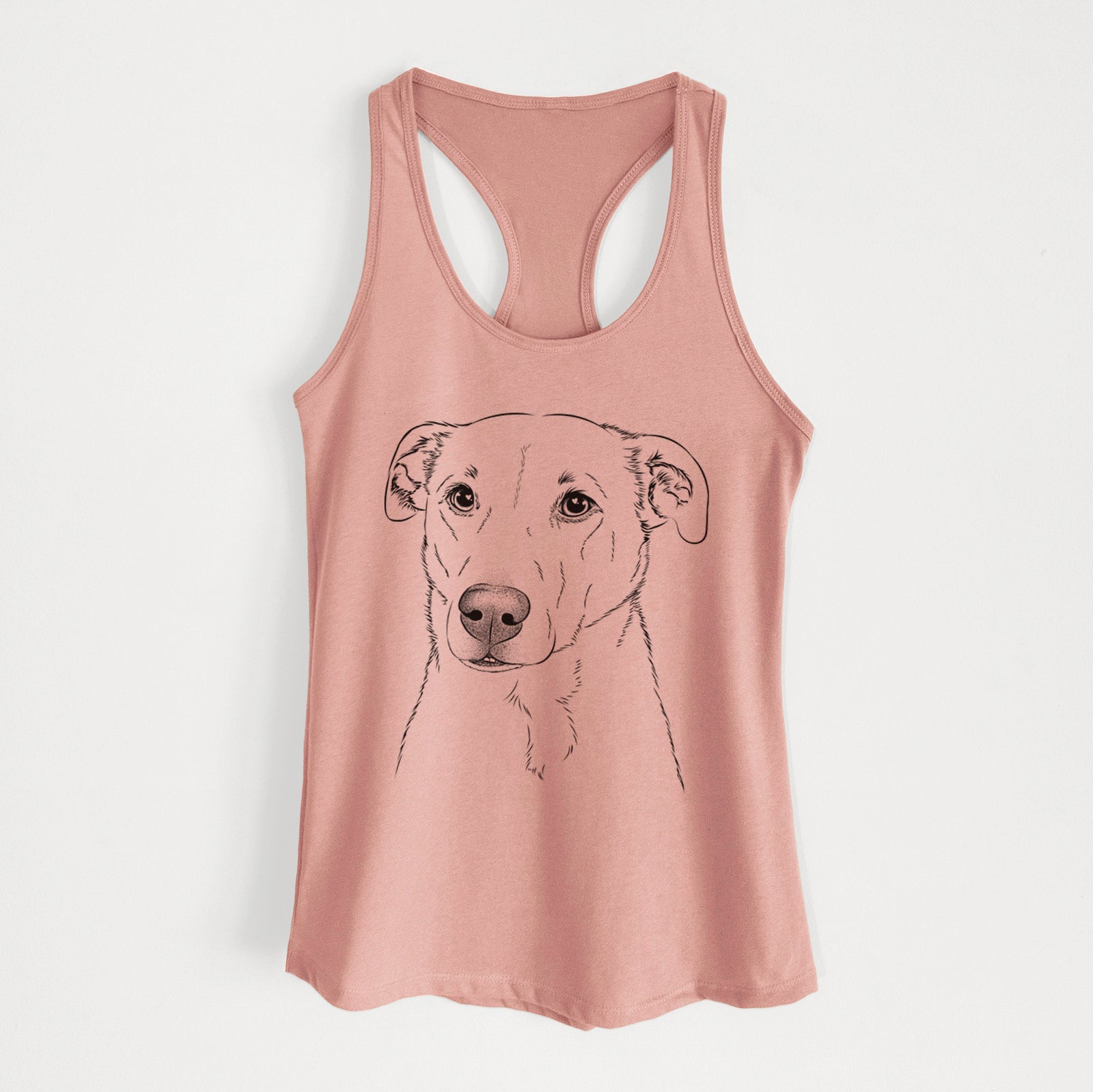 Hand-drawn sketch of Nala the American Staffordshire Terrier on a Desert Pink Women's racerback tanktop