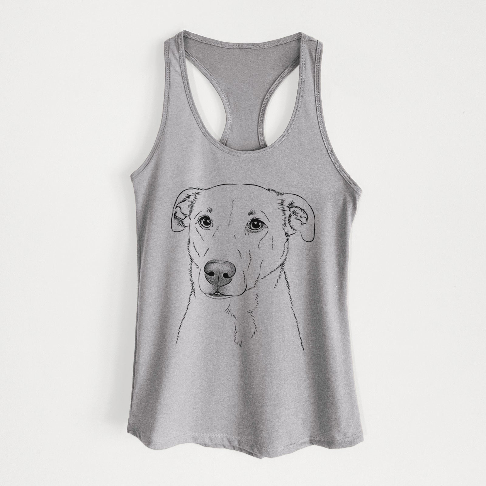 Hand-drawn sketch of Nala the American Staffordshire Terrier on a Heather Grey Women's racerback tanktop