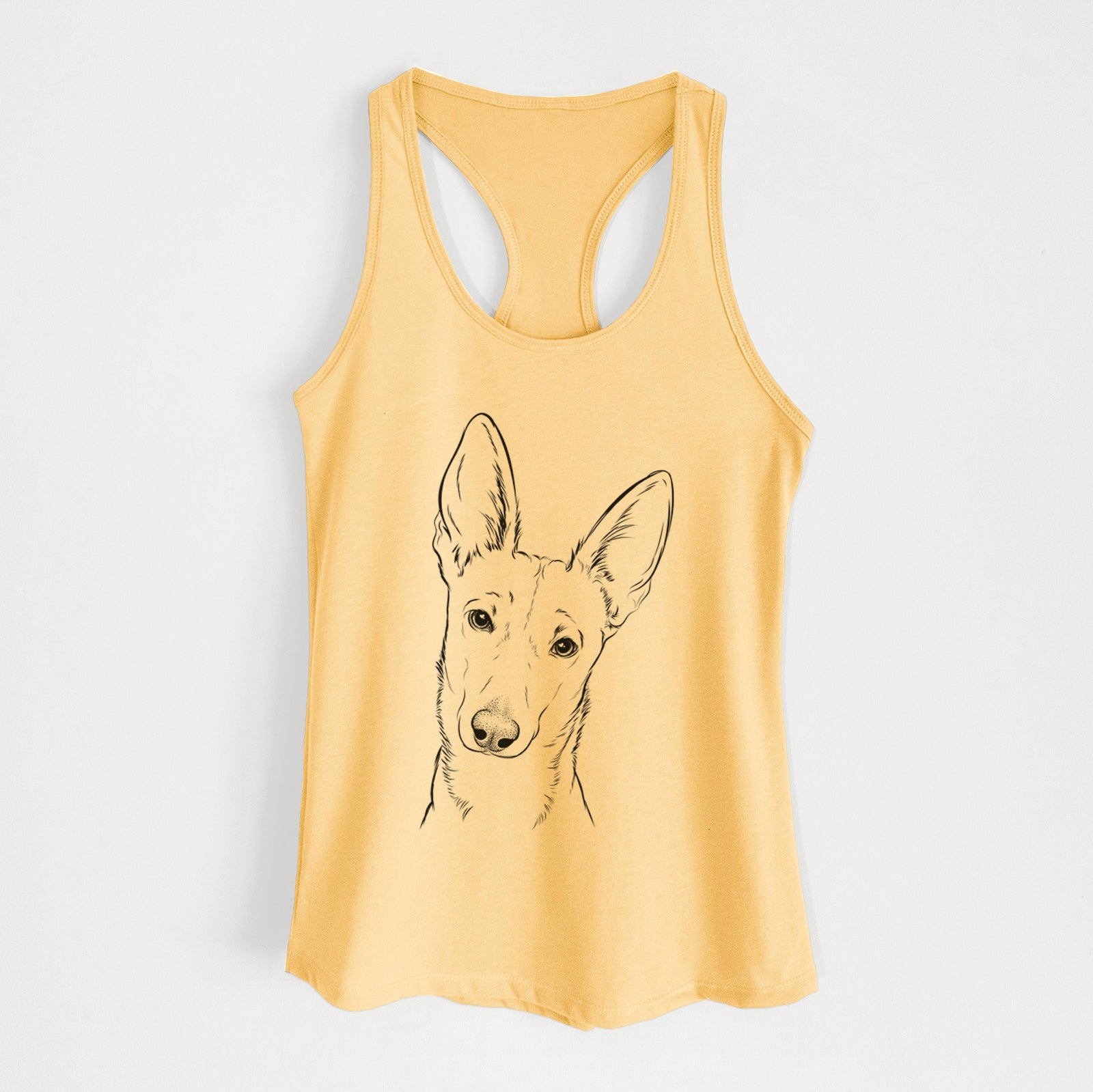 Hand-drawn sketch of Nala the Carolina Dog on a Banana Cream Women's racerback tanktop