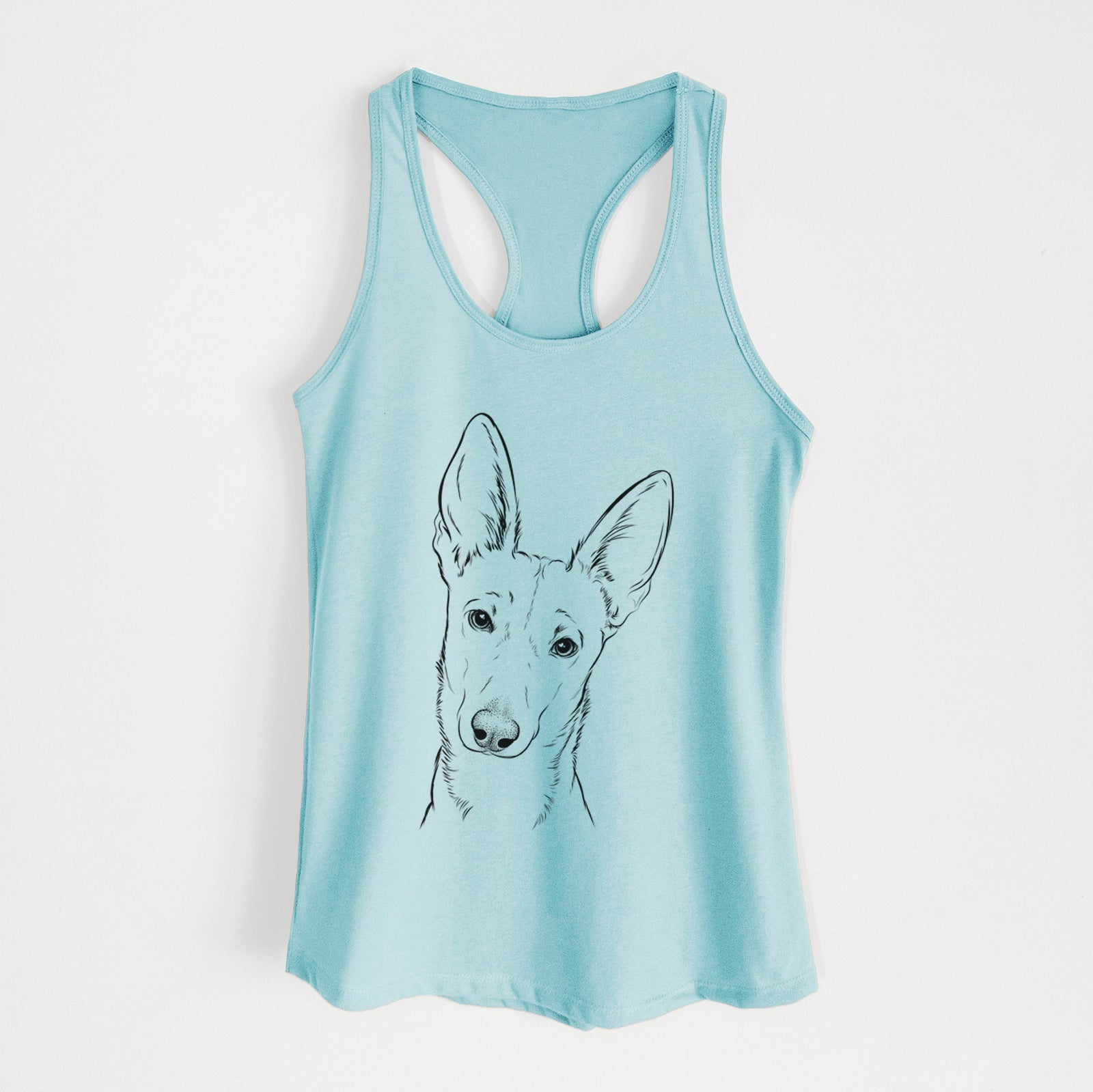 Hand-drawn sketch of Nala the Carolina Dog on a Cancun Blue Women's racerback tanktop