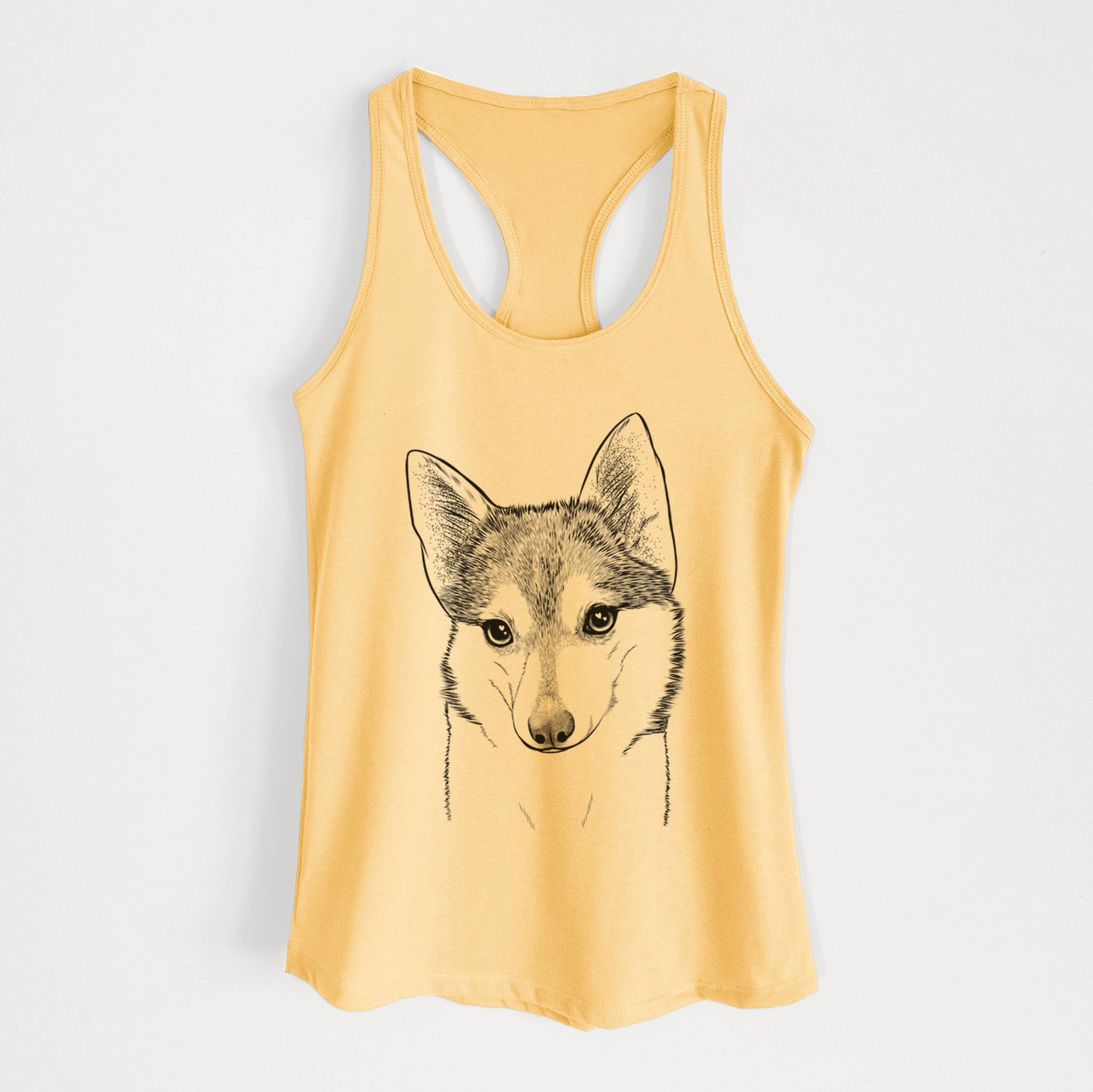 Hand-drawn sketch of Nami the Alaskan Klee Kai on a Banana Cream Women's racerback tanktop