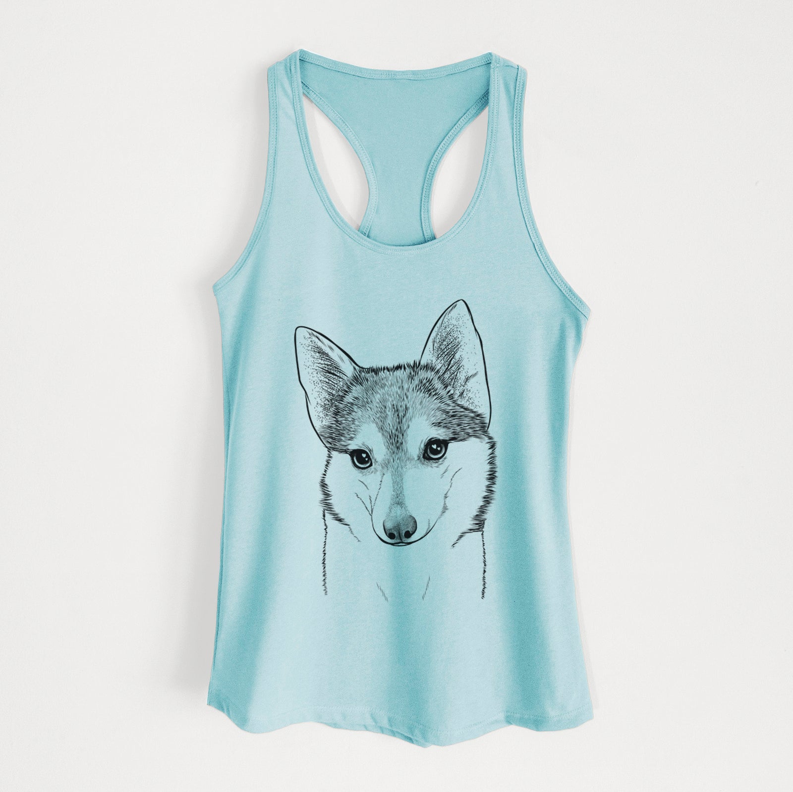 Hand-drawn sketch of Nami the Alaskan Klee Kai on a Cancun Blue Women's racerback tanktop