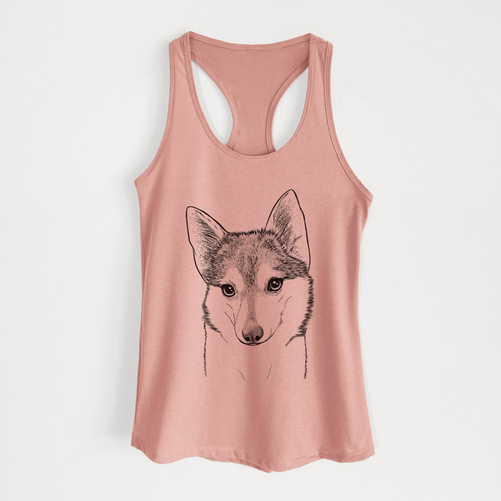Hand-drawn sketch of Nami the Alaskan Klee Kai on a Desert Pink Women's racerback tanktop