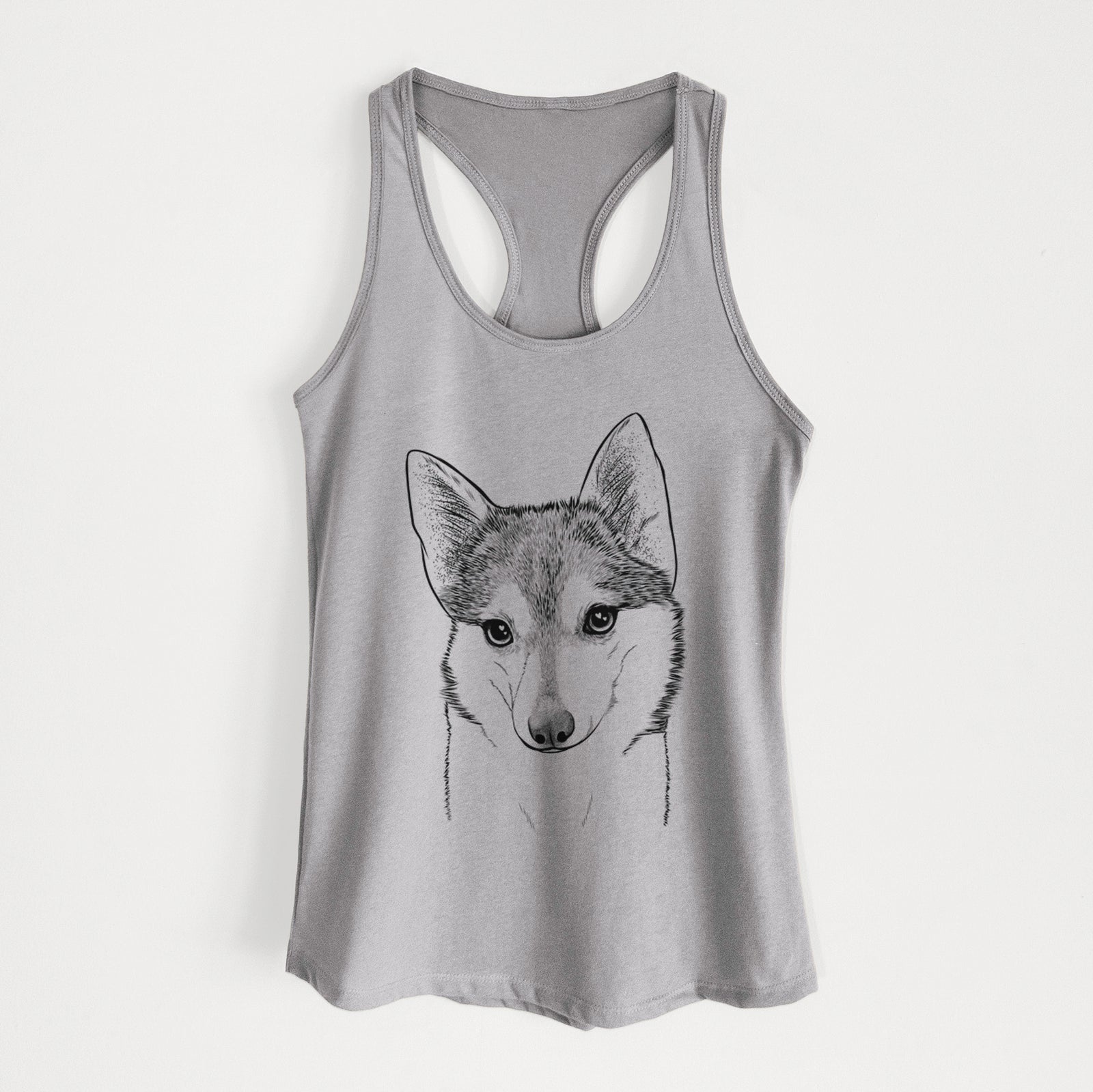 Hand-drawn sketch of Nami the Alaskan Klee Kai on a Heather Grey Women's racerback tanktop