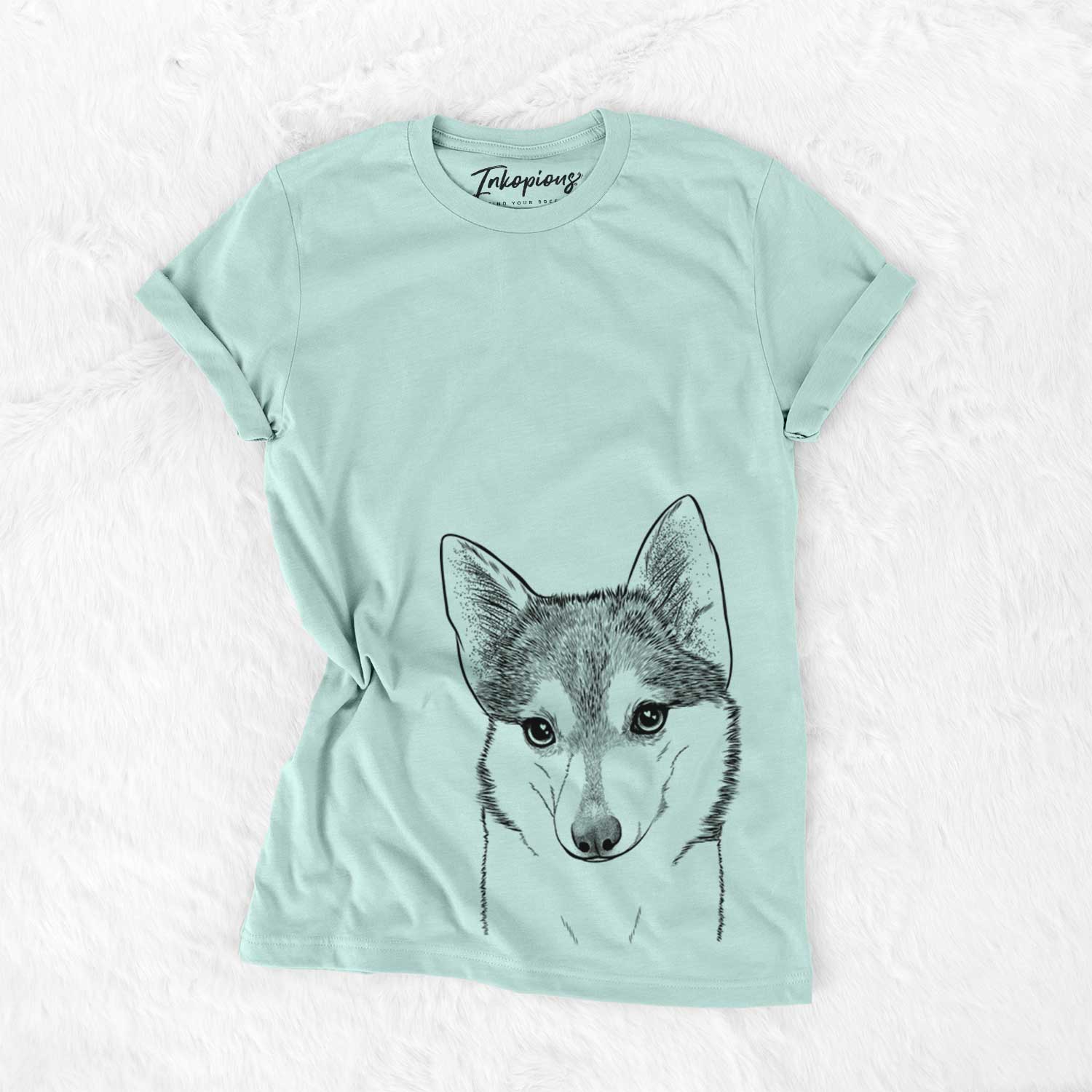 Hand-drawn sketch of Nami the Alaskan Klee Kai on a Heather Sage Bella Canvas Unisex Crewneck