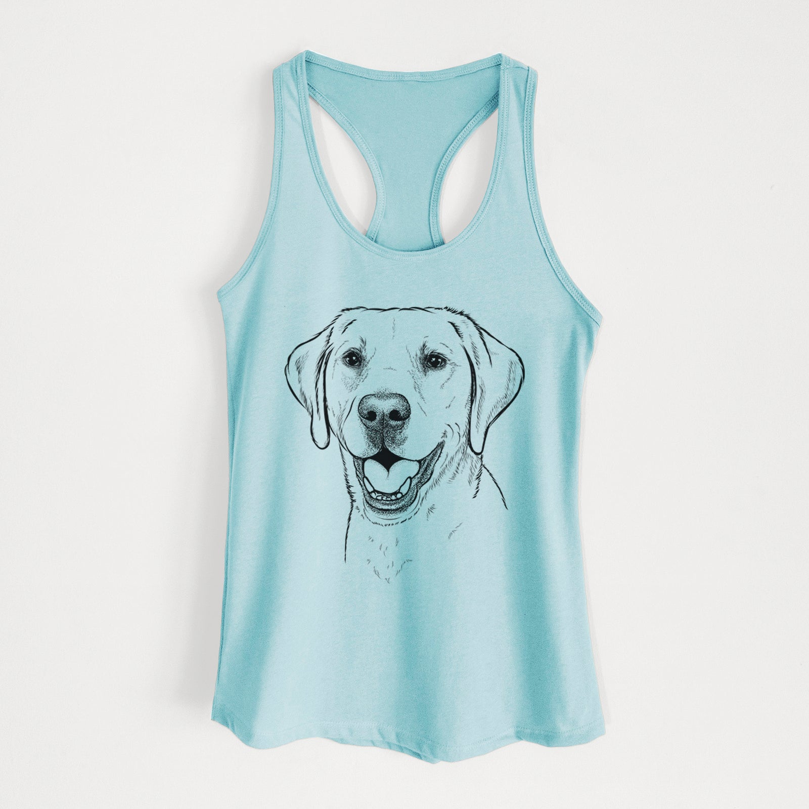 Hand-drawn sketch of Nate the Labrador Retriever on a Cancun Blue Women's racerback tanktop