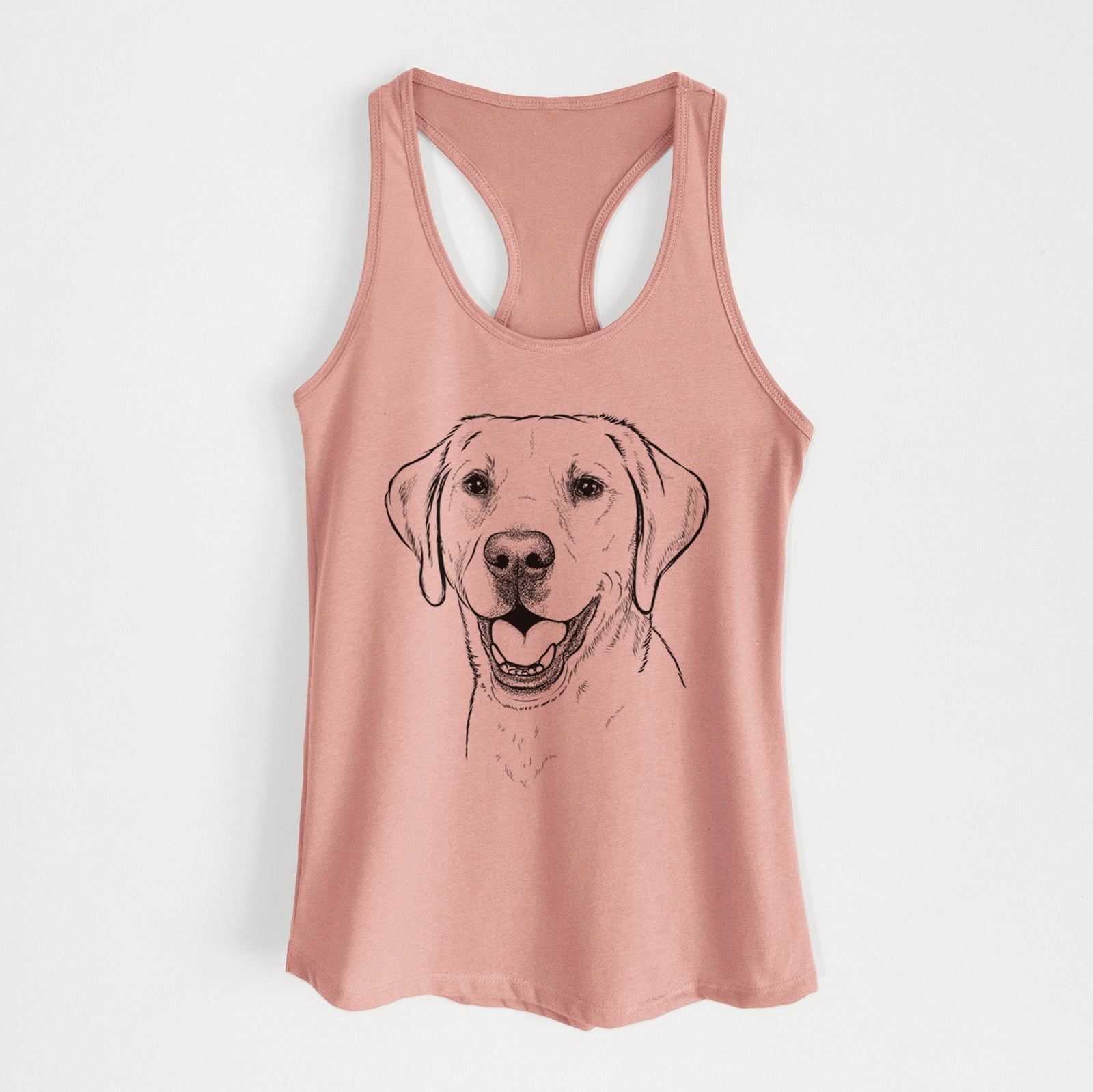 Hand-drawn sketch of Nate the Labrador Retriever on a Desert Pink Women's racerback tanktop