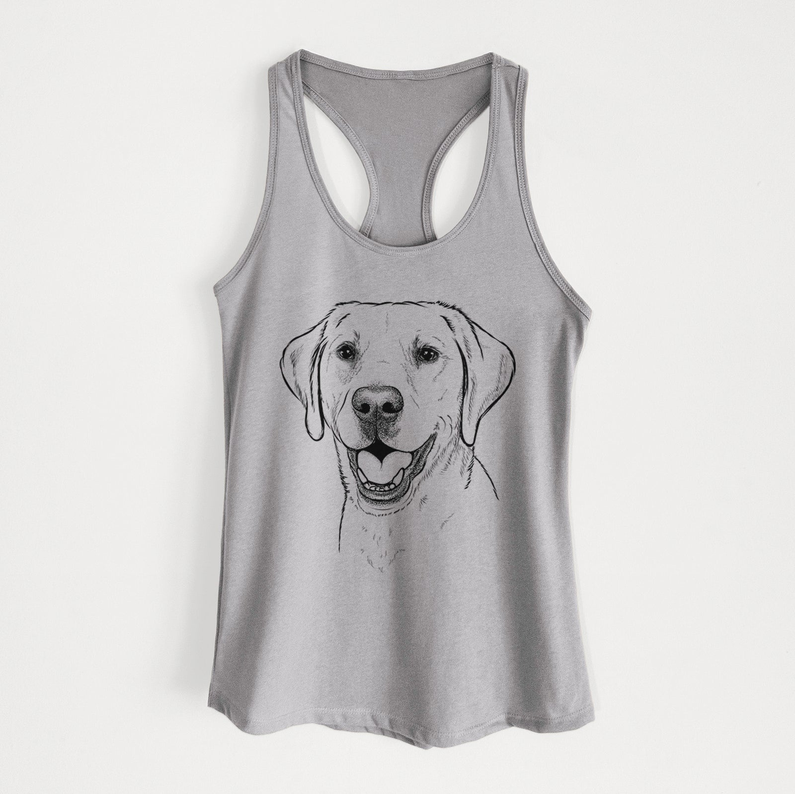 Hand-drawn sketch of Nate the Labrador Retriever on a Heather Grey Women's racerback tanktop