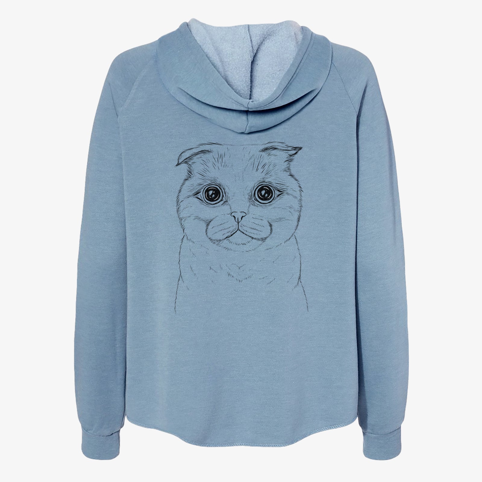 Hand-drawn sketch of Neko the Scottish Fold Cat on a Misty Blue Women's cali wave zip-up sweatshirt