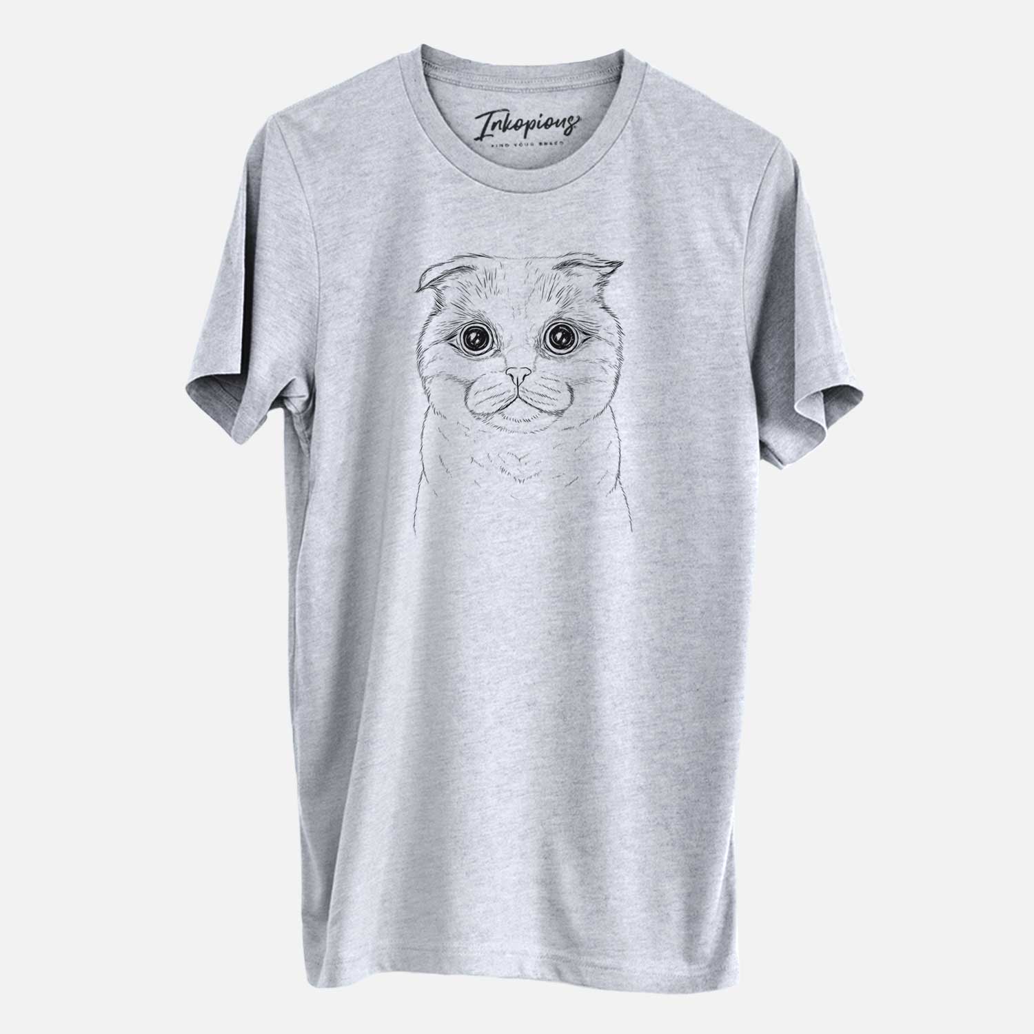 Hand-drawn sketch of Neko the Scottish Fold Cat on a Grey Unisex crewneck