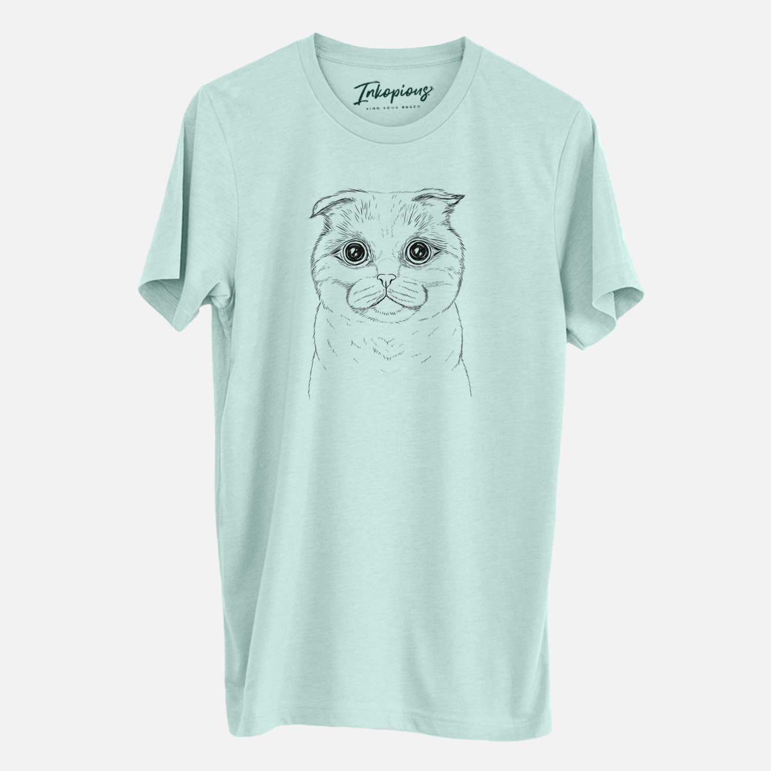 Hand-drawn sketch of Neko the Scottish Fold Cat on a Heather Sage Unisex crewneck
