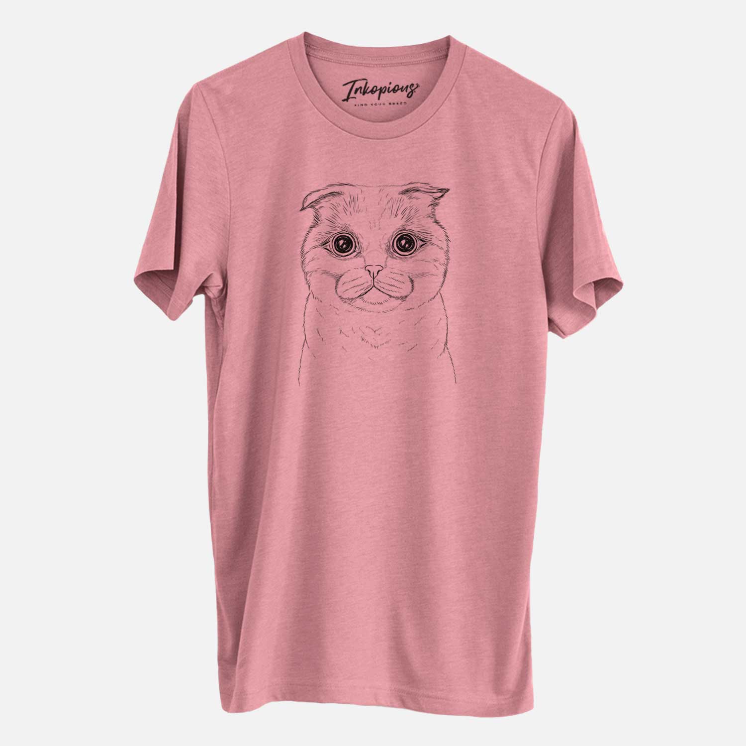 Hand-drawn sketch of Neko the Scottish Fold Cat on a Mauve Unisex crewneck