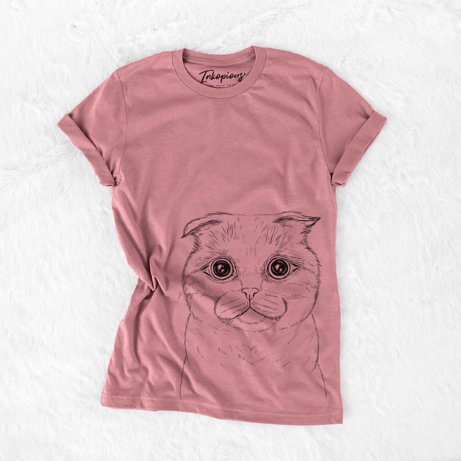 Hand-drawn sketch of Neko the Scottish Fold Cat on a Mauve Unisex crewneck