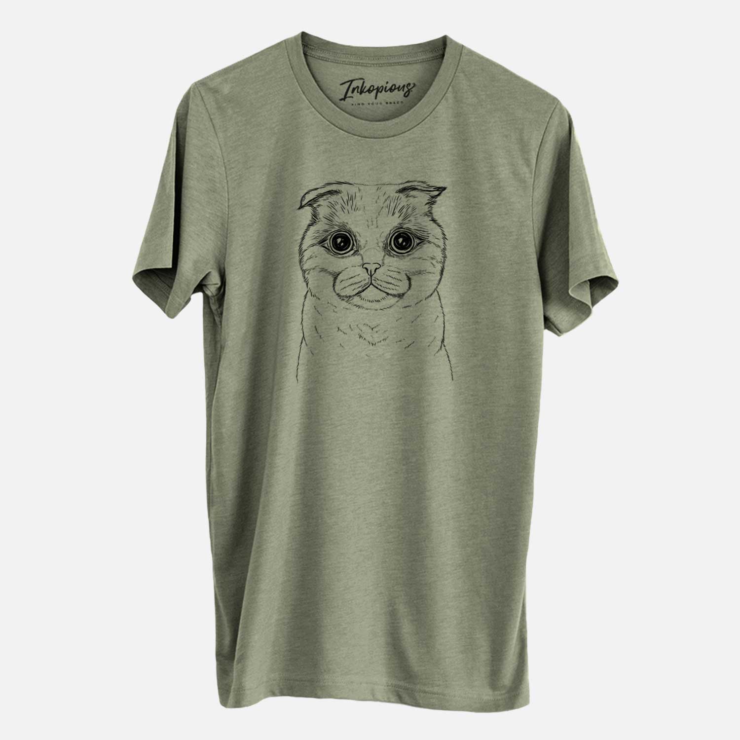 Hand-drawn sketch of Neko the Scottish Fold Cat on an Olive Unisex crewneck
