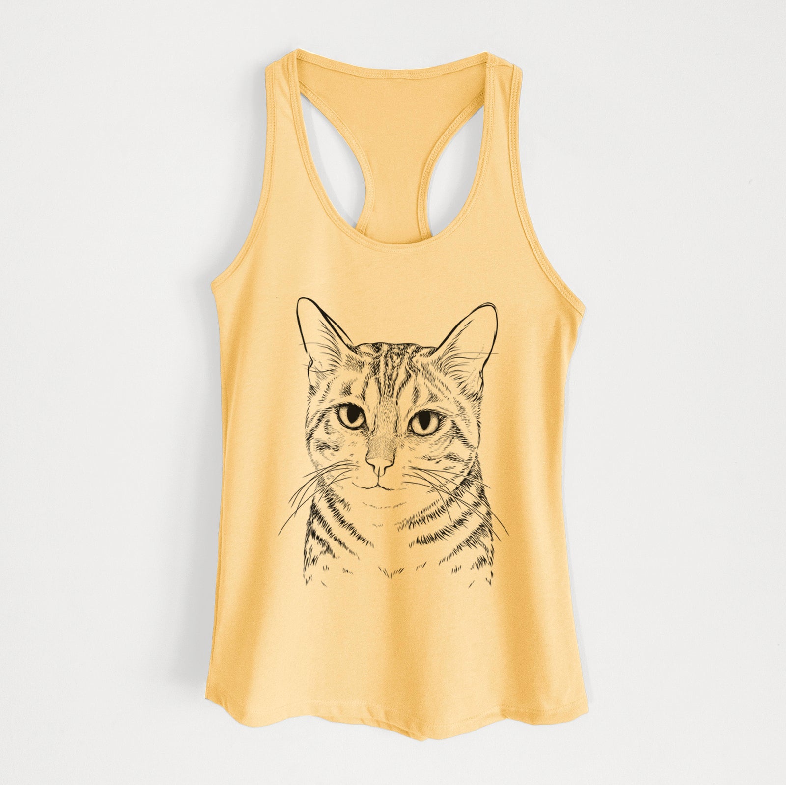 Hand-drawn sketch of Nell the Tabby Cat on a Banana Cream Women's racerback tanktop