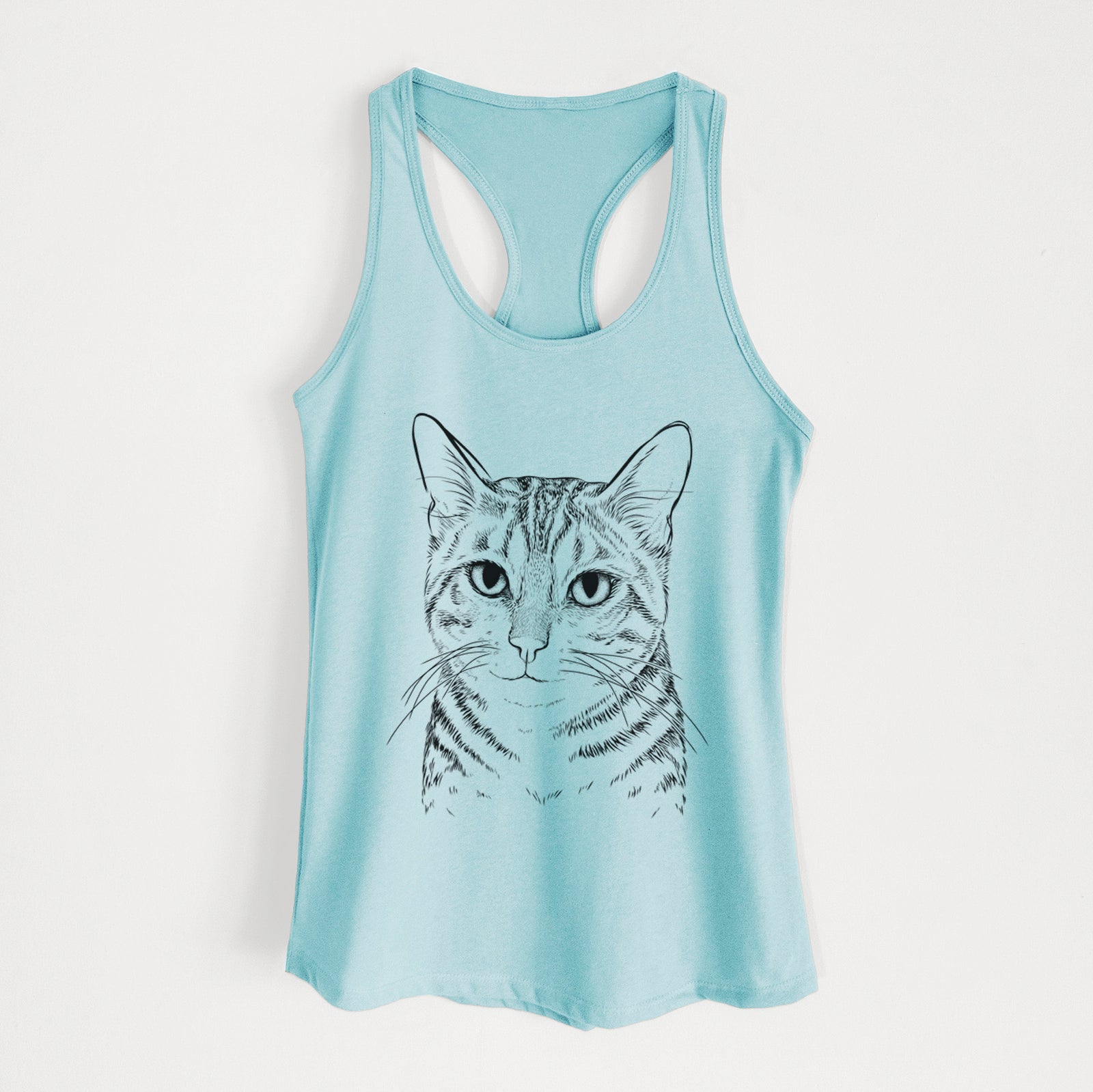 Hand-drawn sketch of Nell the Tabby Cat on a Cancun Blue Women's racerback tanktop