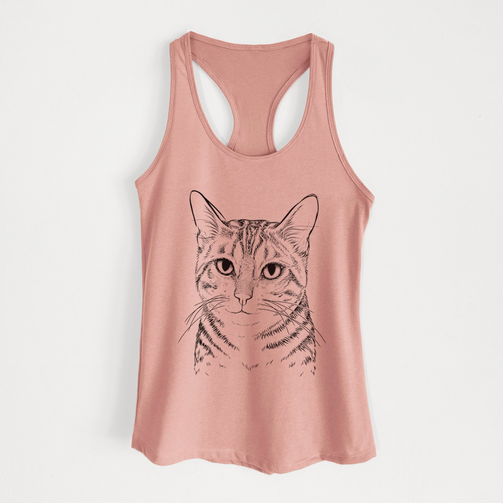 Hand-drawn sketch of Nell the Tabby Cat on a Desert Pink Women's racerback tanktop
