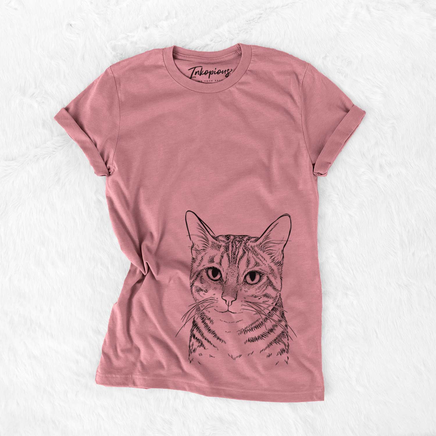 Hand-drawn sketch of Nell the Tabby Cat on a Mauve Unisex crewneck