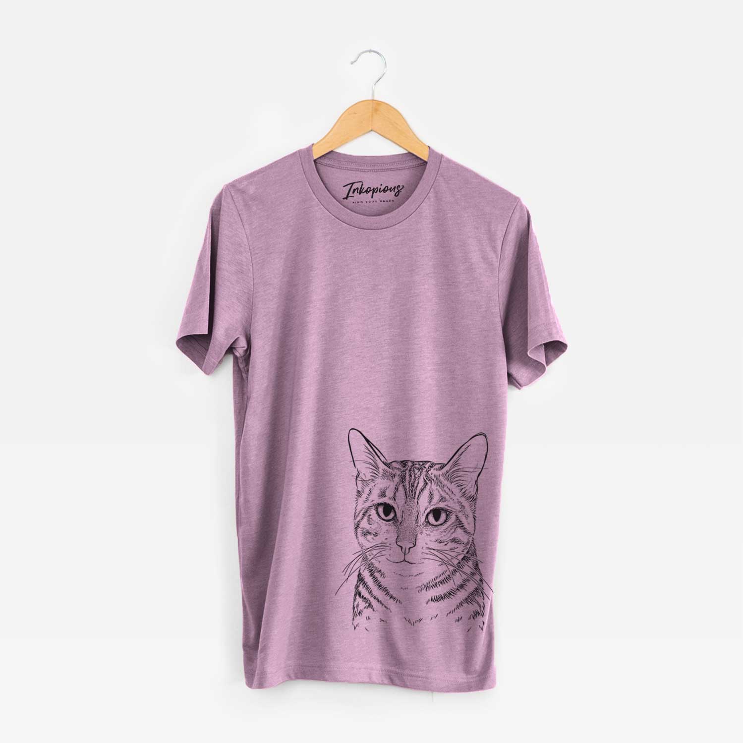 Hand-drawn sketch of Nell the Tabby Cat on an Orchid Unisex crewneck