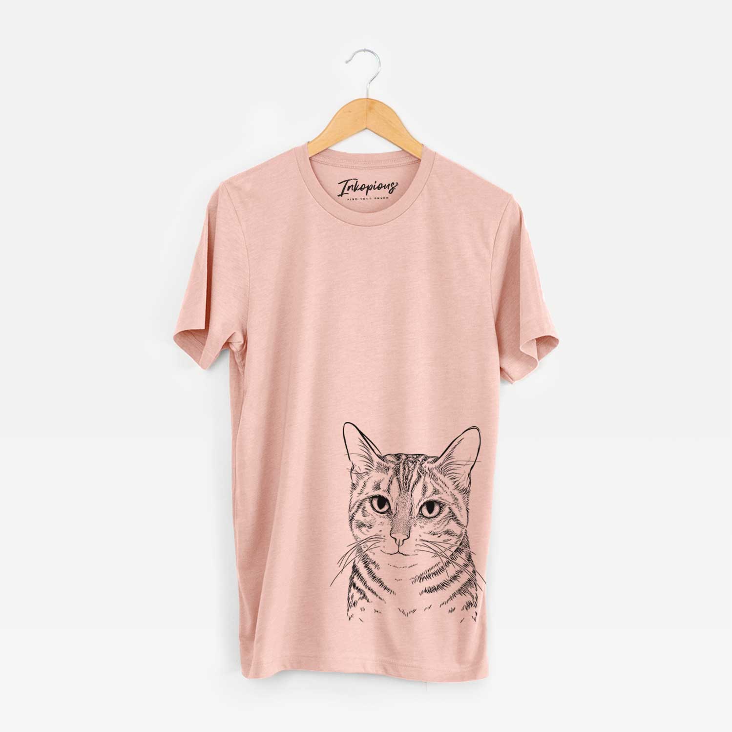 Hand-drawn sketch of Nell the Tabby Cat on a Peach Unisex crewneck