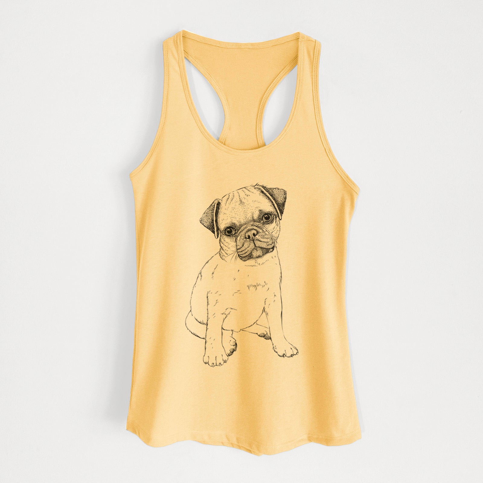 Hand-drawn sketch of Nelson the Pug Puppy on a Banana Cream Women's racerback tanktop