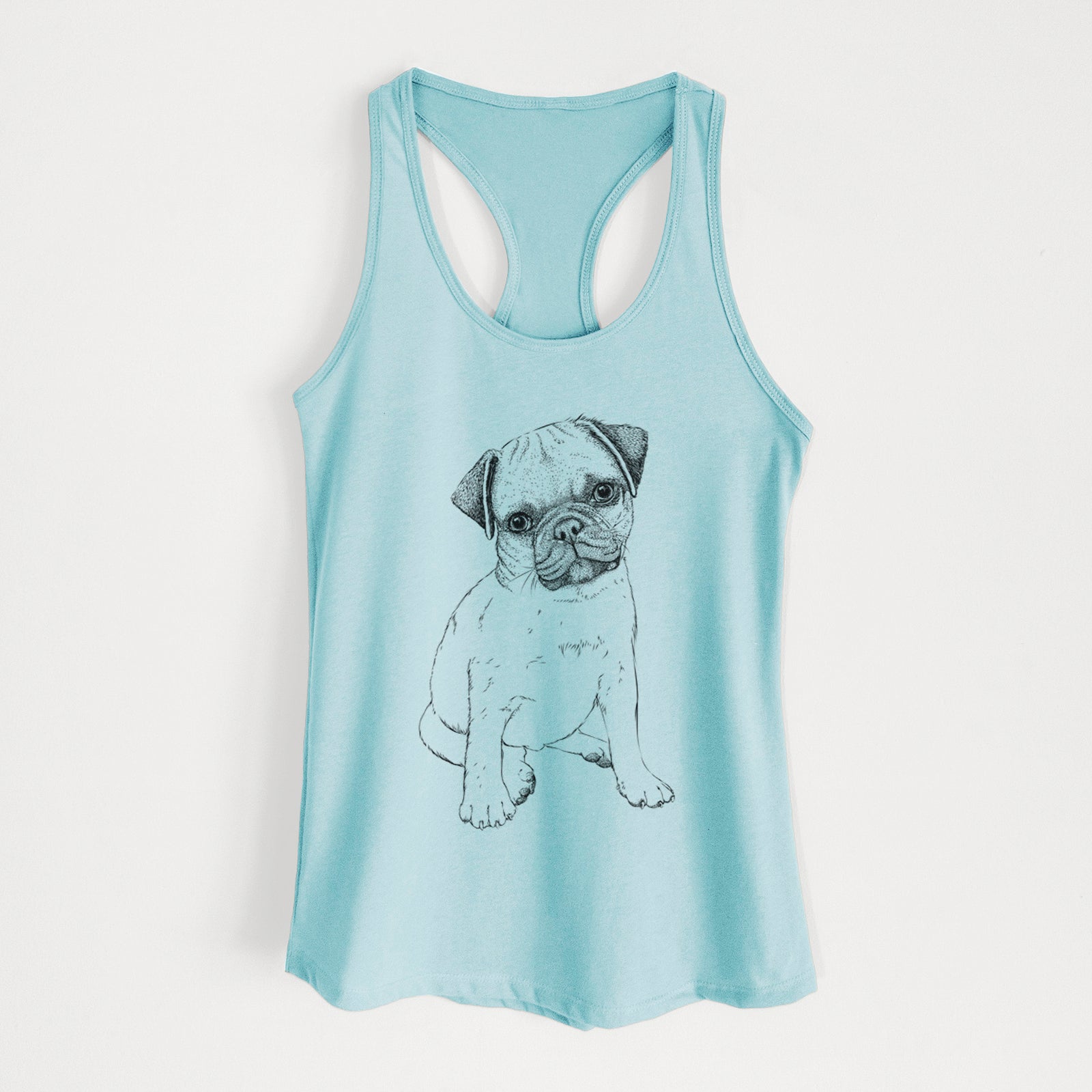 Hand-drawn sketch of Nelson the Pug Puppy on a Cancun Blue Women's racerback tanktop