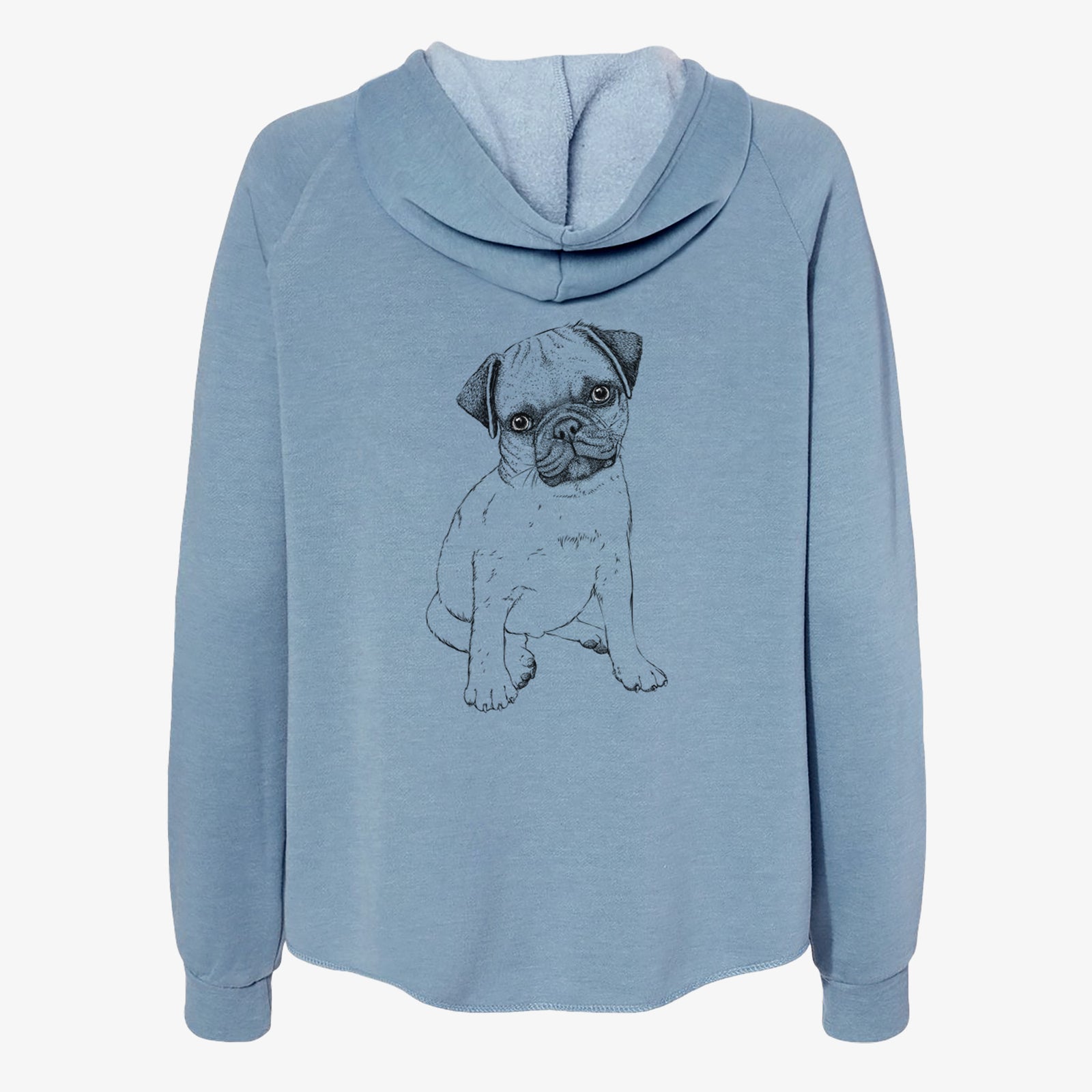 Hand-drawn sketch of Nelson the Pug Puppy on a Misty Blue Women's cali wave zip-up sweatshirt