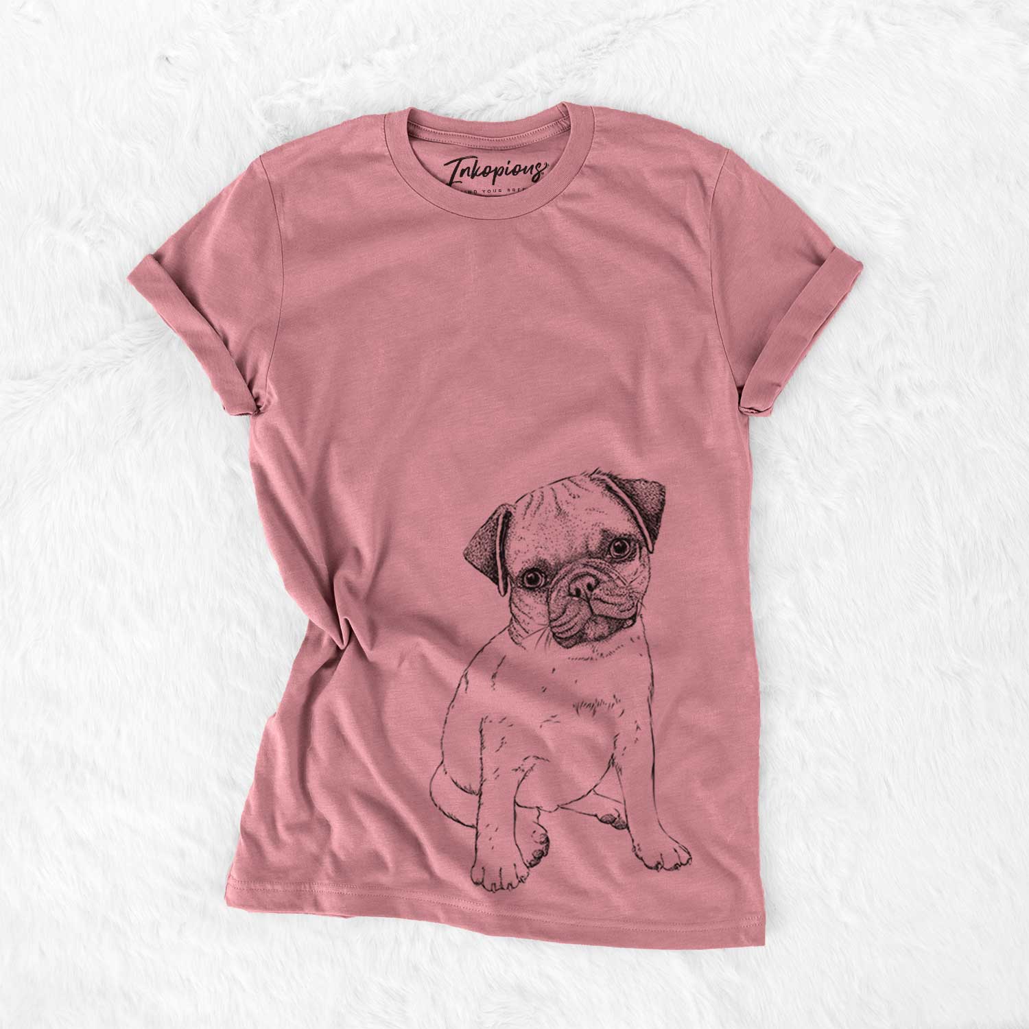 Hand-drawn sketch of Nelson the Pug Puppy on a Mauve Bella Canvas Unisex Crewneck