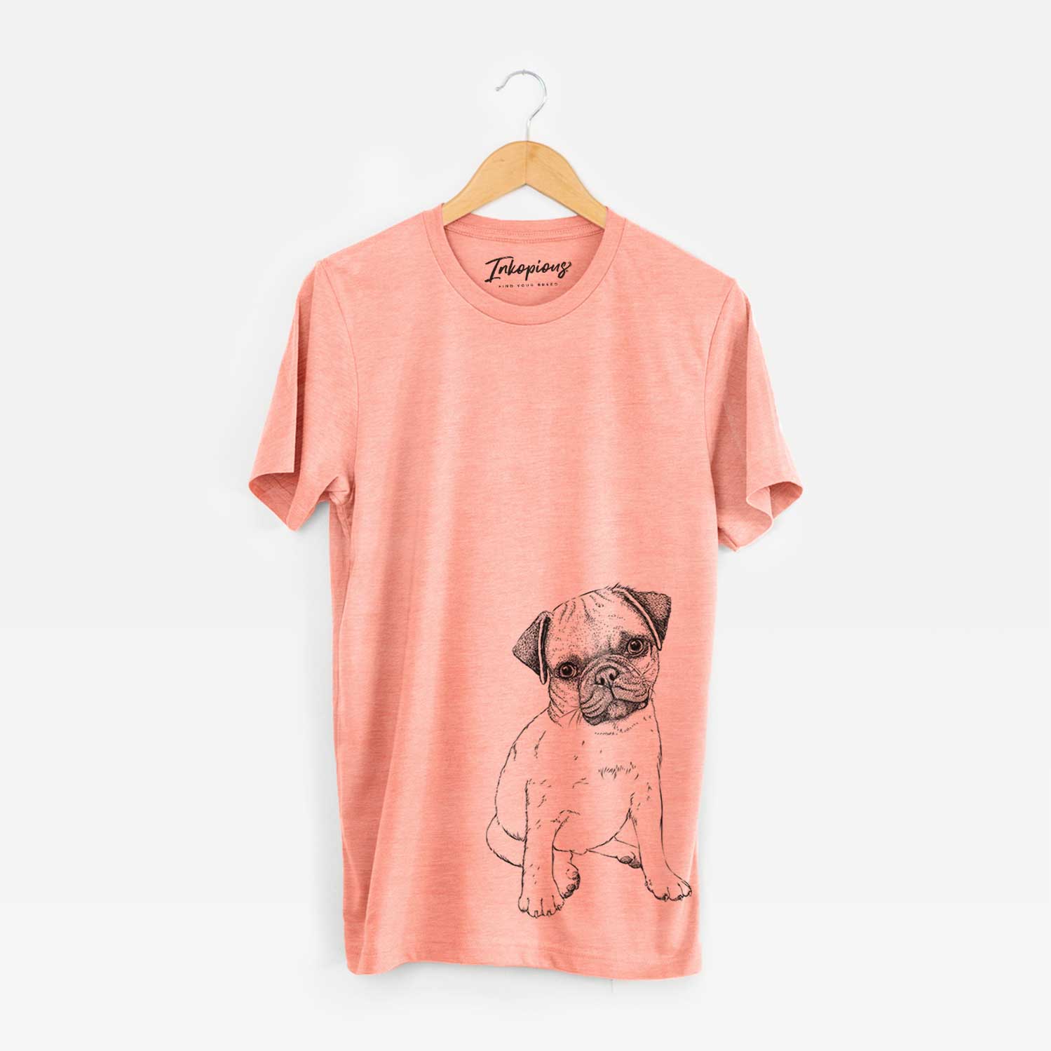 Hand-drawn sketch of Nelson the Pug Puppy on a Sunset Bella Canvas Unisex Crewneck