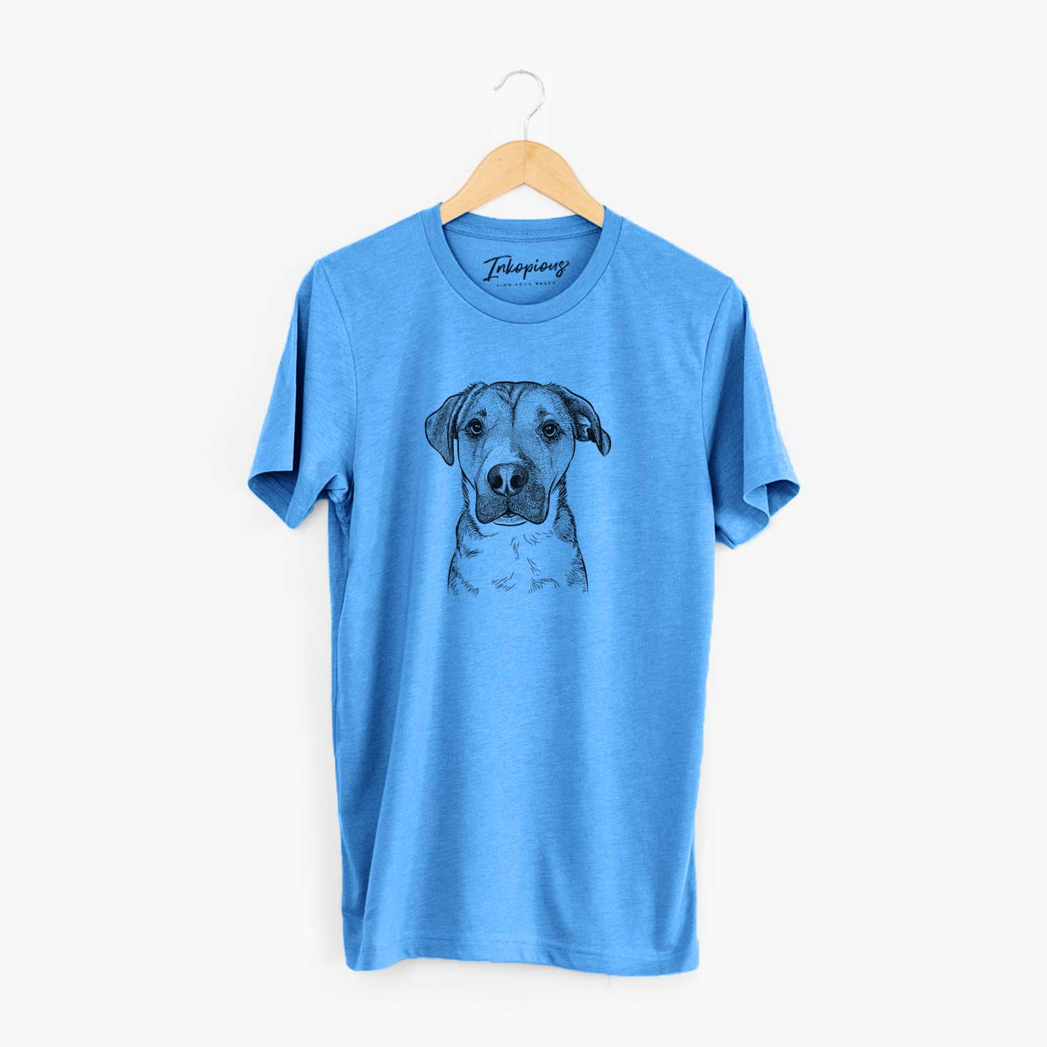 Hand-drawn sketch of Nemo the Mixed Breed on a Blue Unisex crewneck