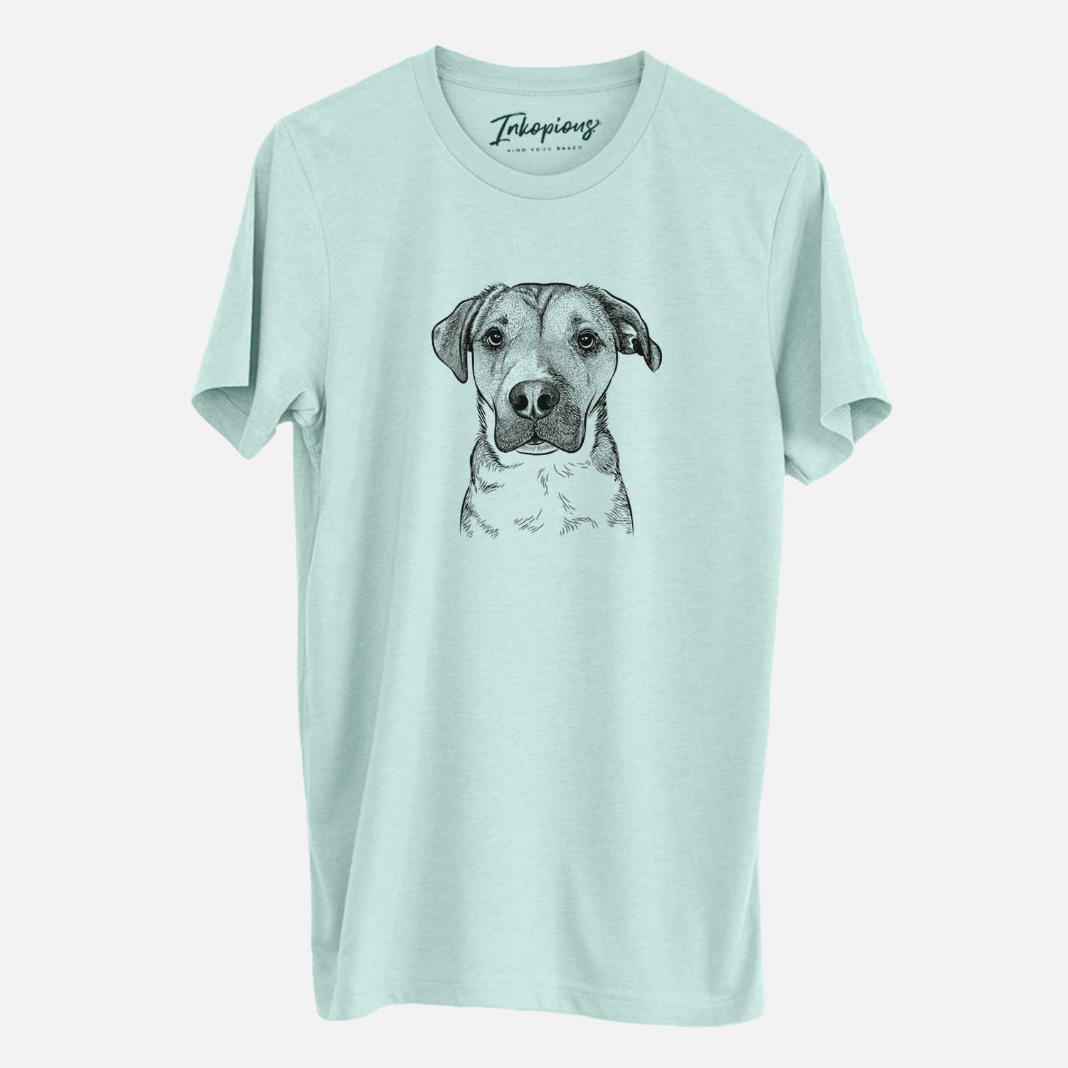 Hand-drawn sketch of Nemo the Mixed Breed on a Heather Sage Unisex crewneck