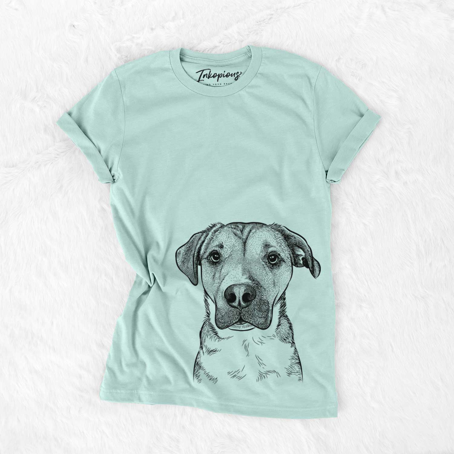 Hand-drawn sketch of Nemo the Mixed Breed on a Heather Sage Unisex crewneck