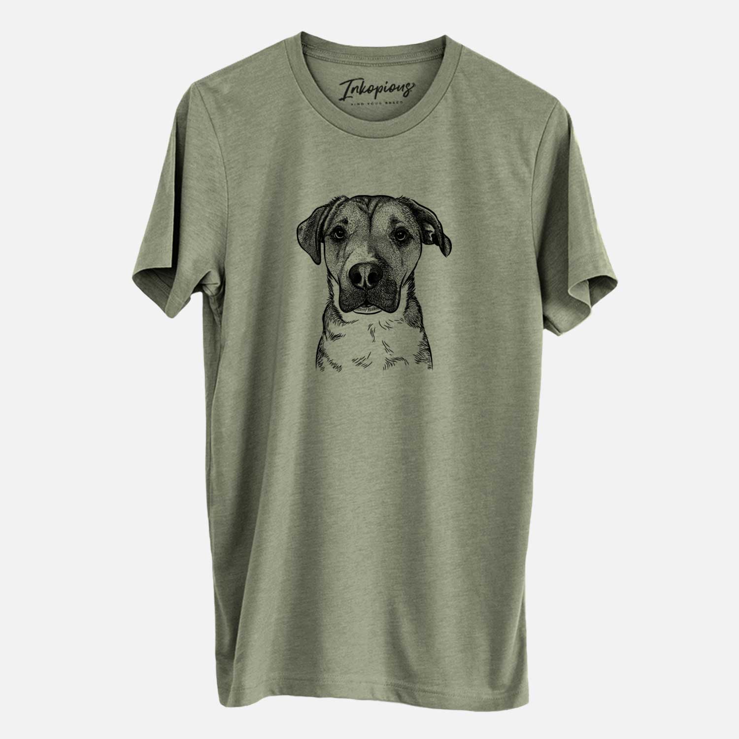 Hand-drawn sketch of Nemo the Mixed Breed on an Olive Unisex crewneck