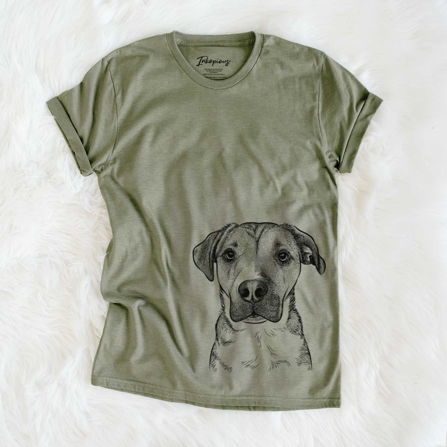 Hand-drawn sketch of Nemo the Mixed Breed on an Olive Unisex crewneck