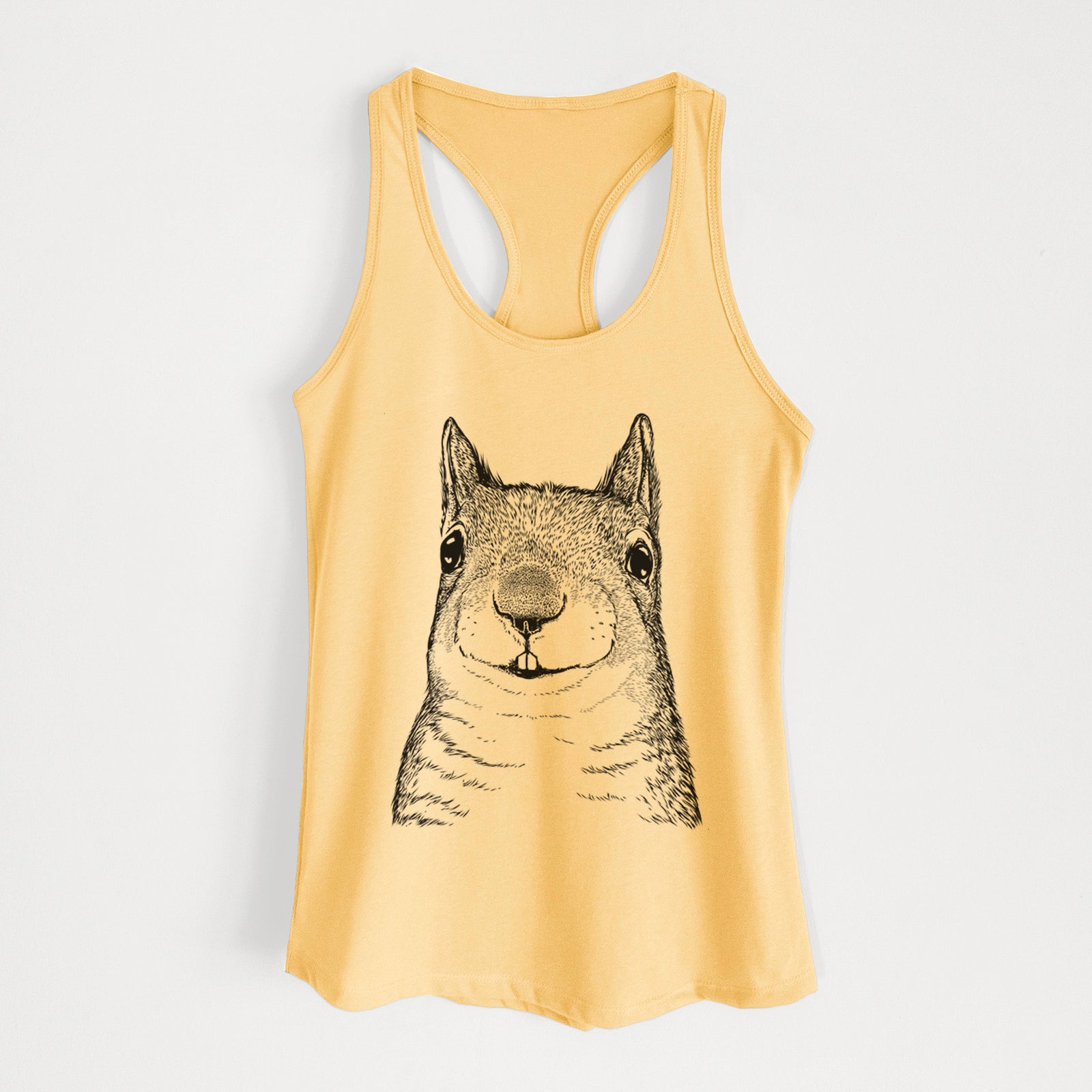 Hand-drawn sketch of Nibbles the Squirrel on a Banana Cream Women's racerback tanktop