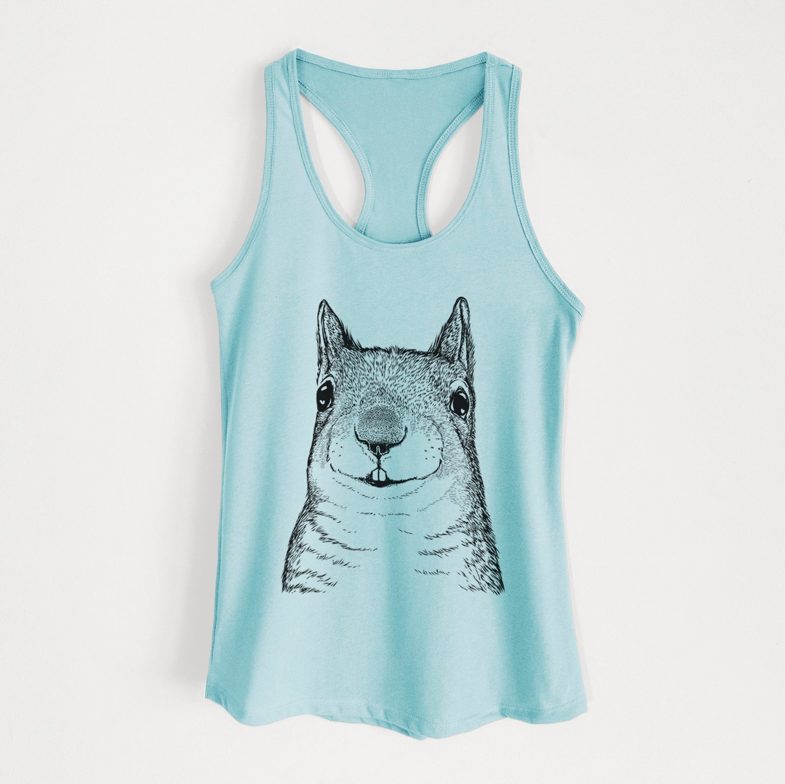 Hand-drawn sketch of Nibbles the Squirrel on a Cancun Blue Women's racerback tanktop