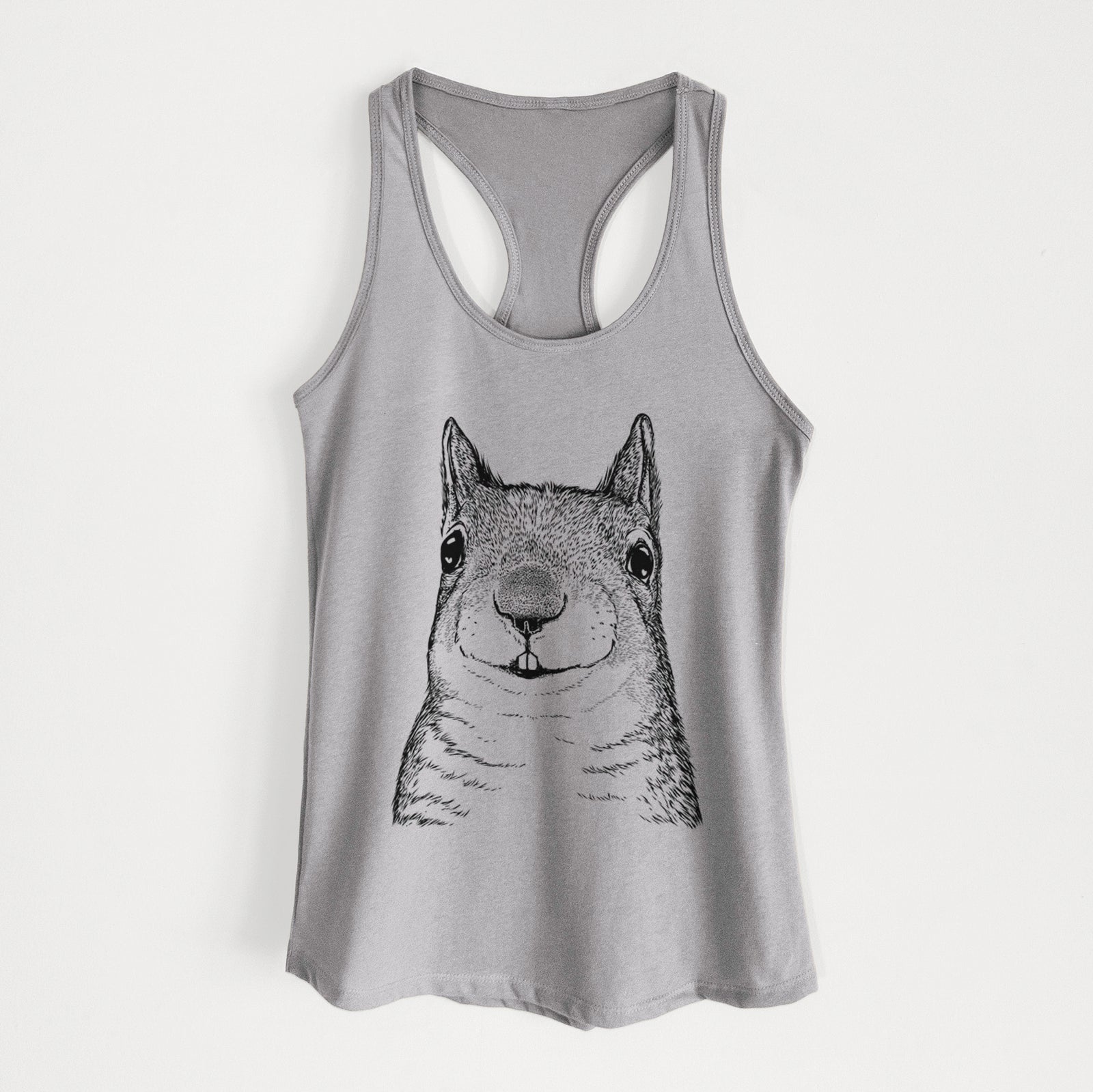 Hand-drawn sketch of Nibbles the Squirrel on a Heather Grey Women's racerback tanktop